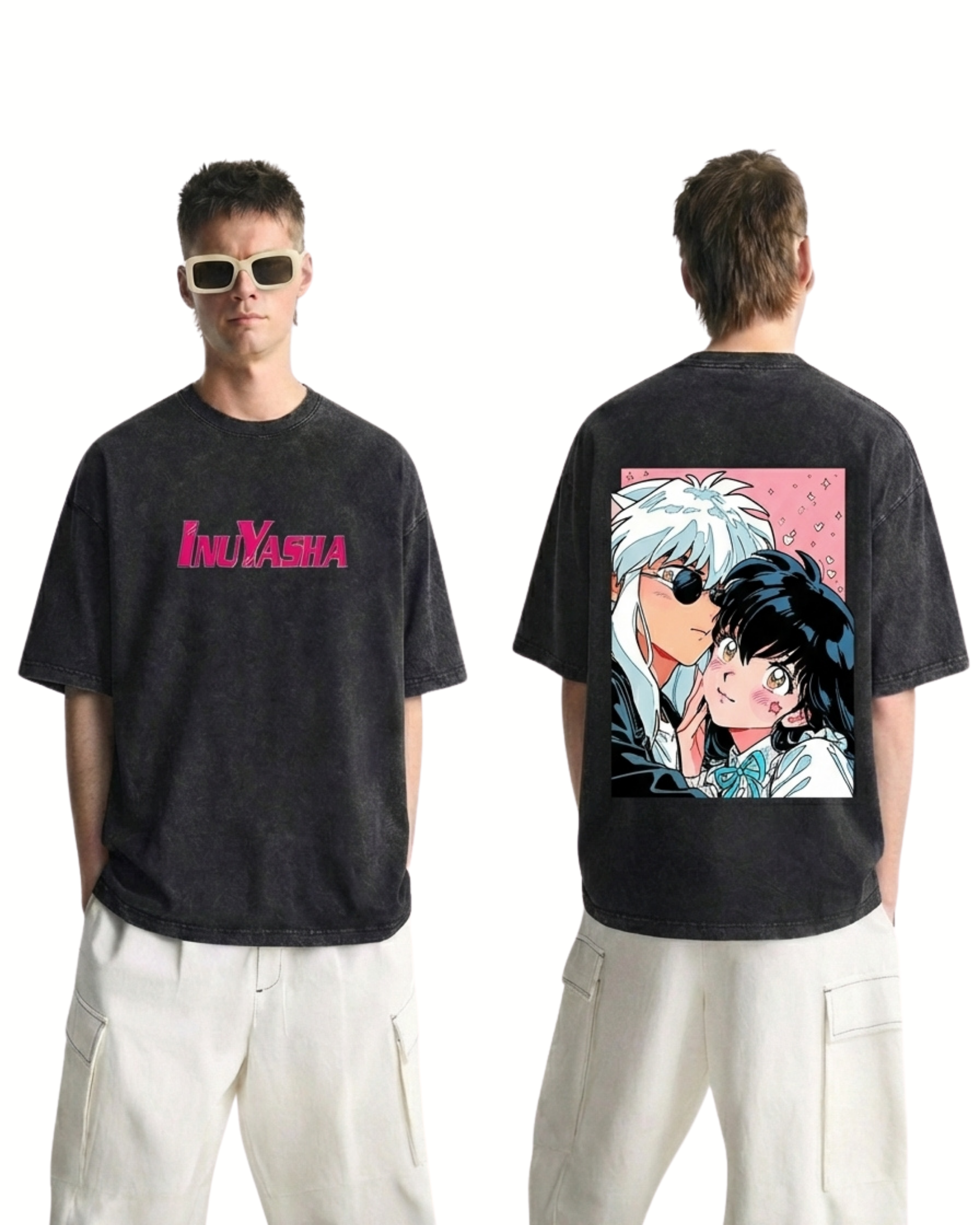 Retro Style Inuyasha & Kagome Anime Washed Cotton Graphic Tee
