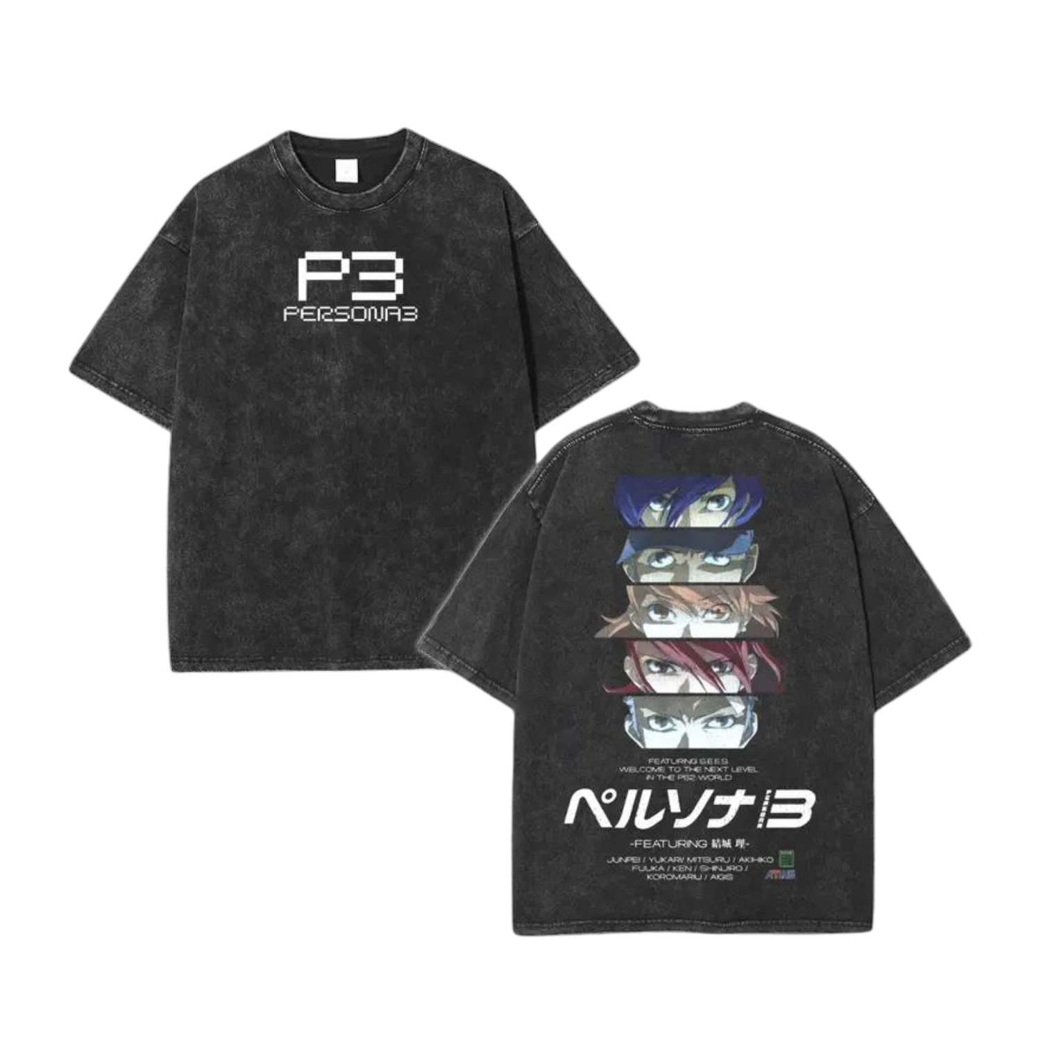 Persona 3 Oversized Acid Wash T-Shirt – Vintage Graphic Gaming Streetwear Tee