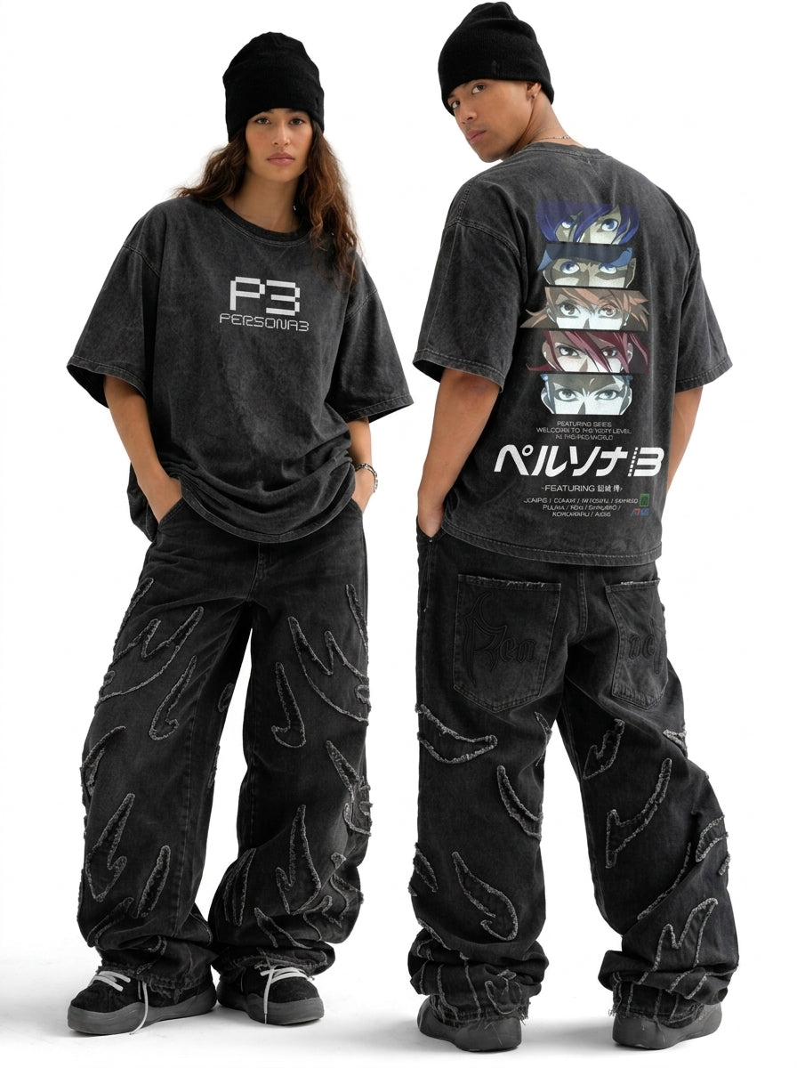 Persona 3 Oversized Acid Wash T-Shirt – Vintage Graphic Gaming Streetwear Tee