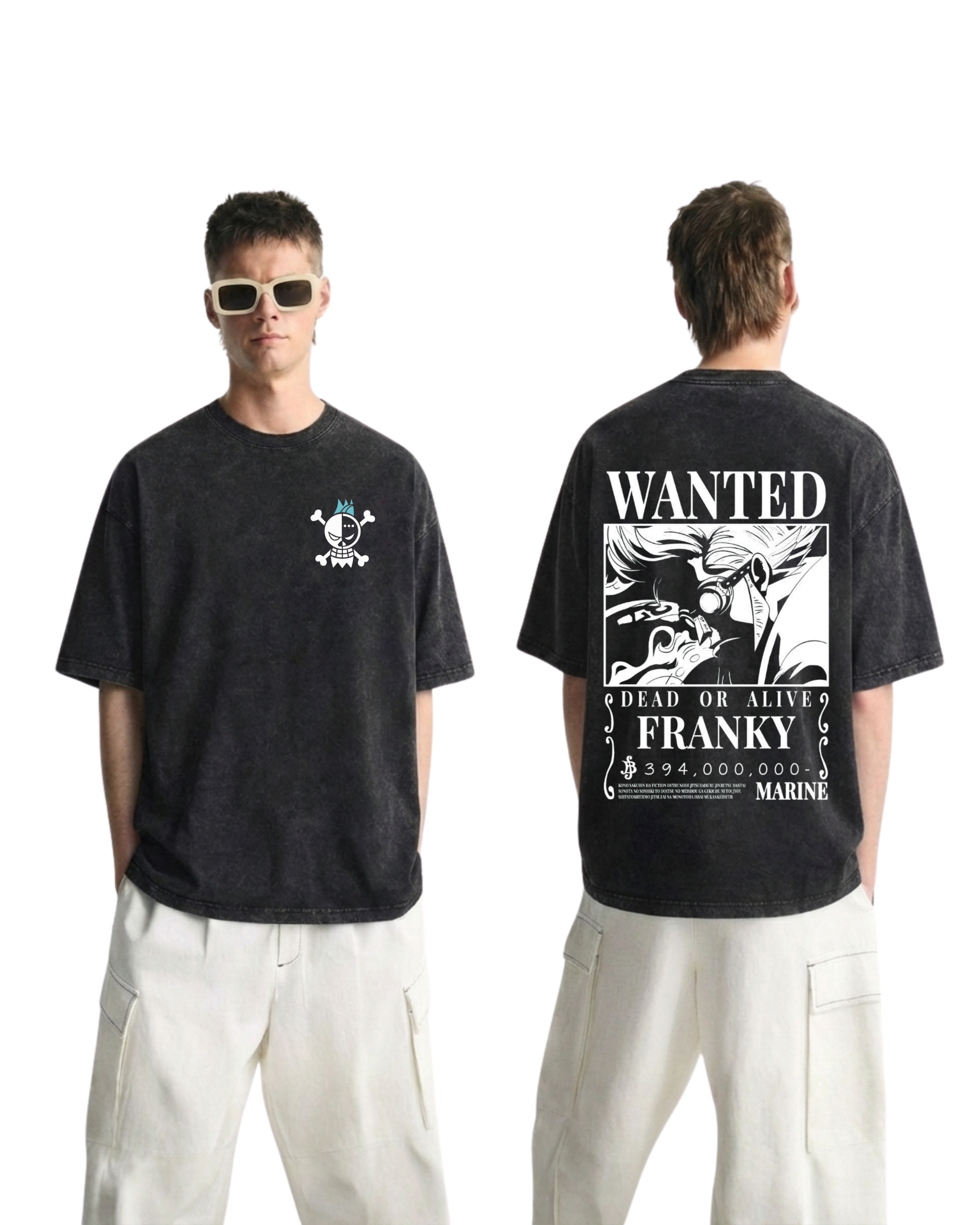 Franky Wanted Poster Anime One Piece Washed T-Shirt Cotton Graphic