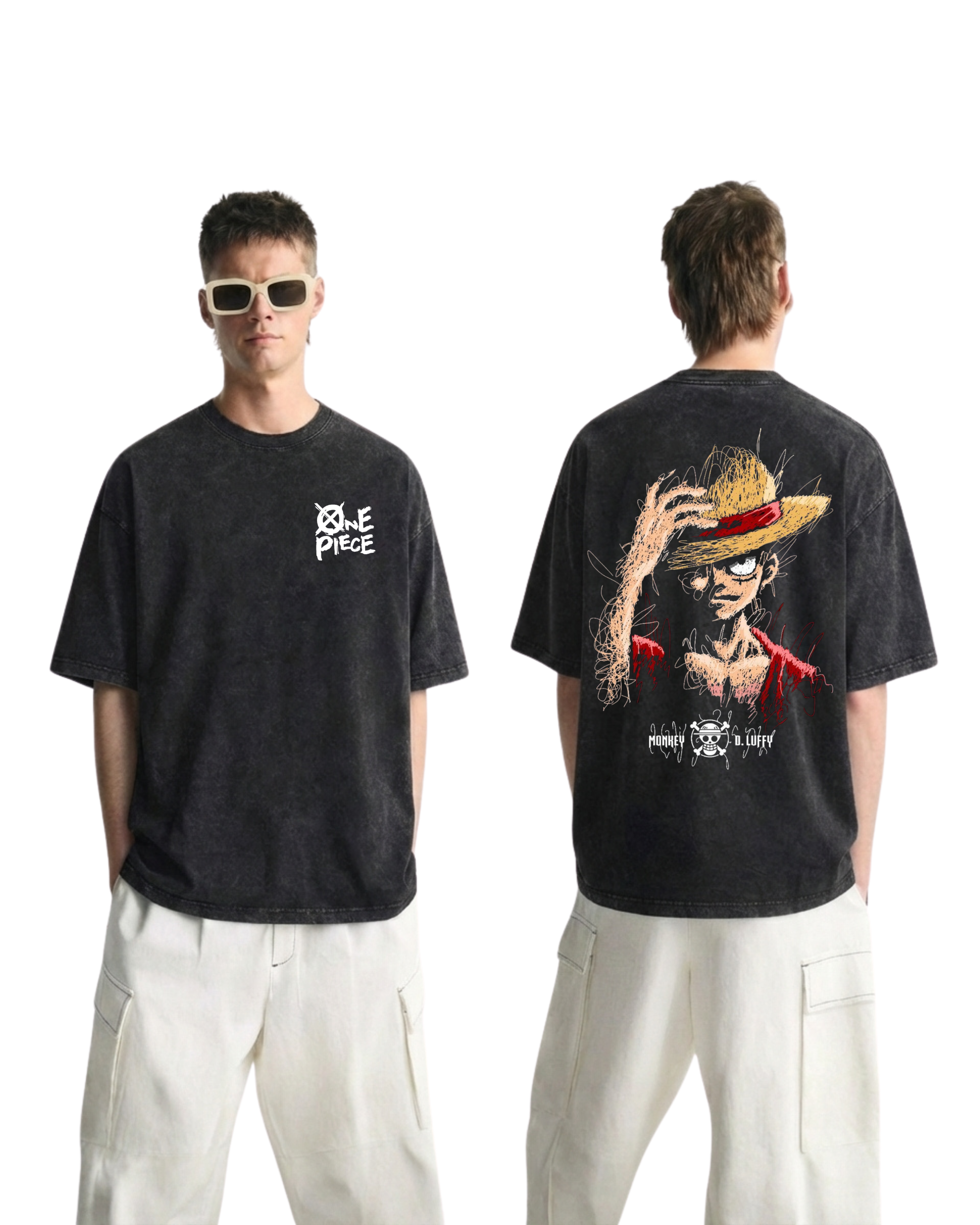 Luffy v1 Anime One Piece Washed T-Shirt Cotton Graphic