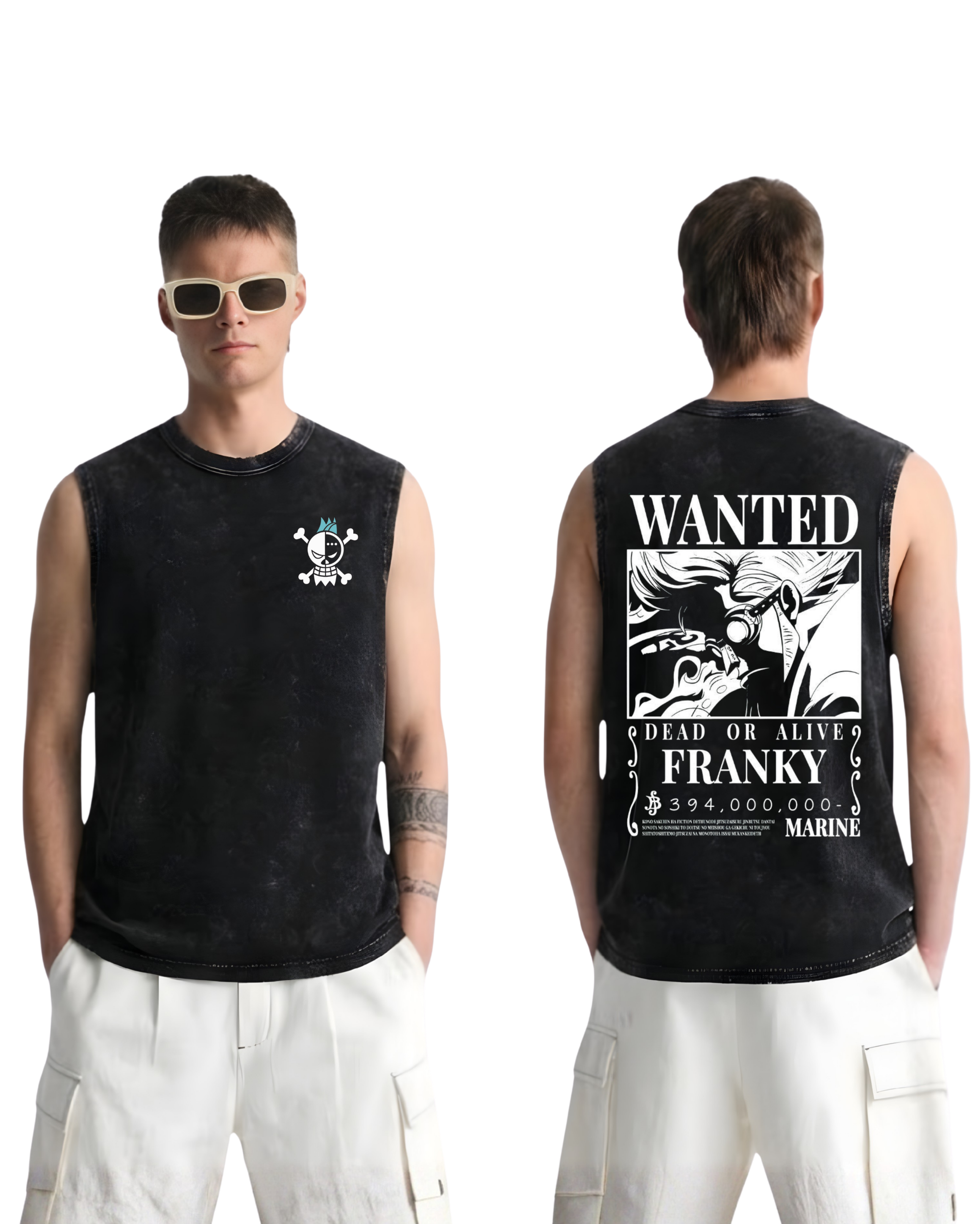 Franky Wanted Poster Anime One Piece Washed Tanktop Cotton Graphic