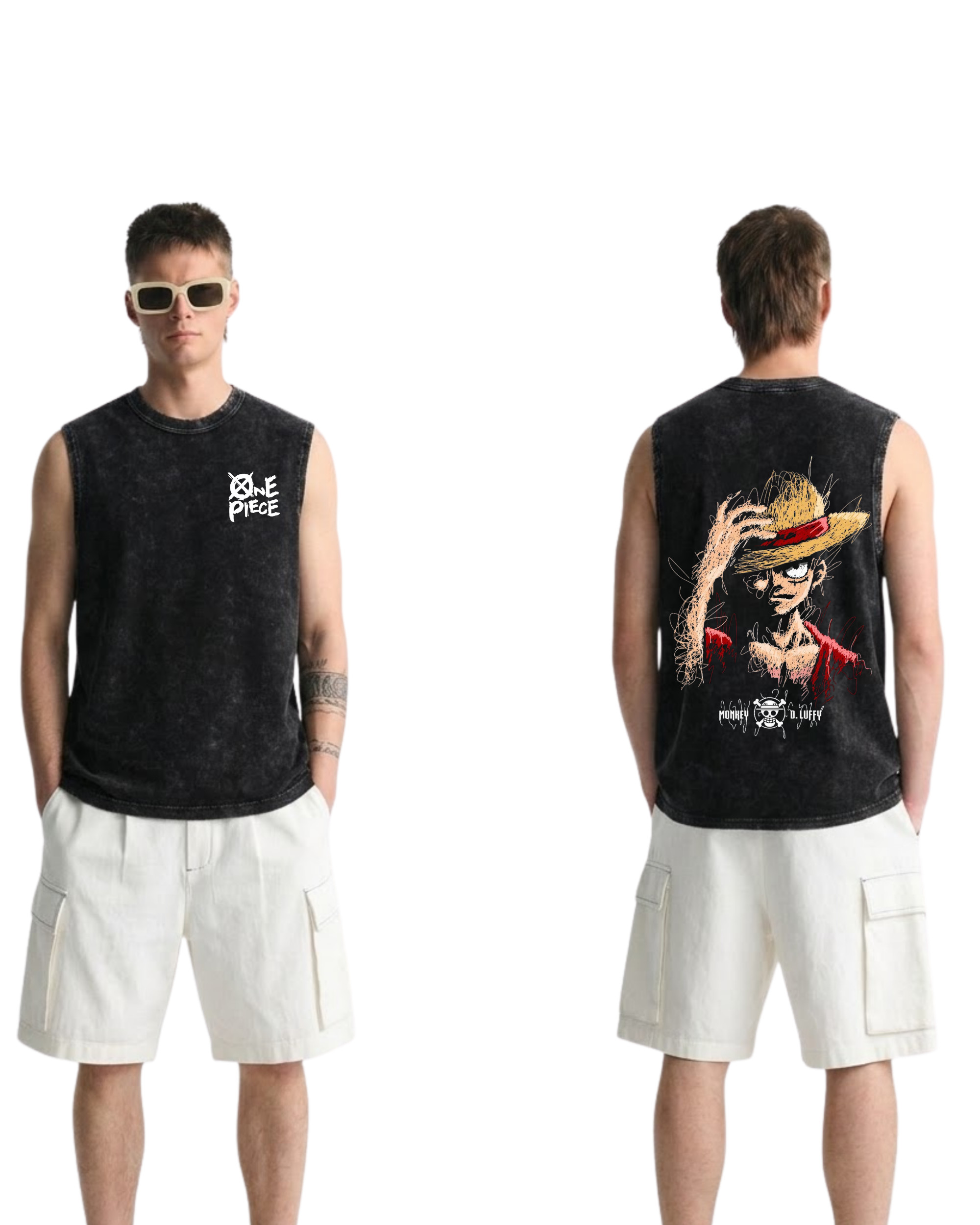 Luffy v1 Anime One Piece Washed Tanktop Cotton Graphic