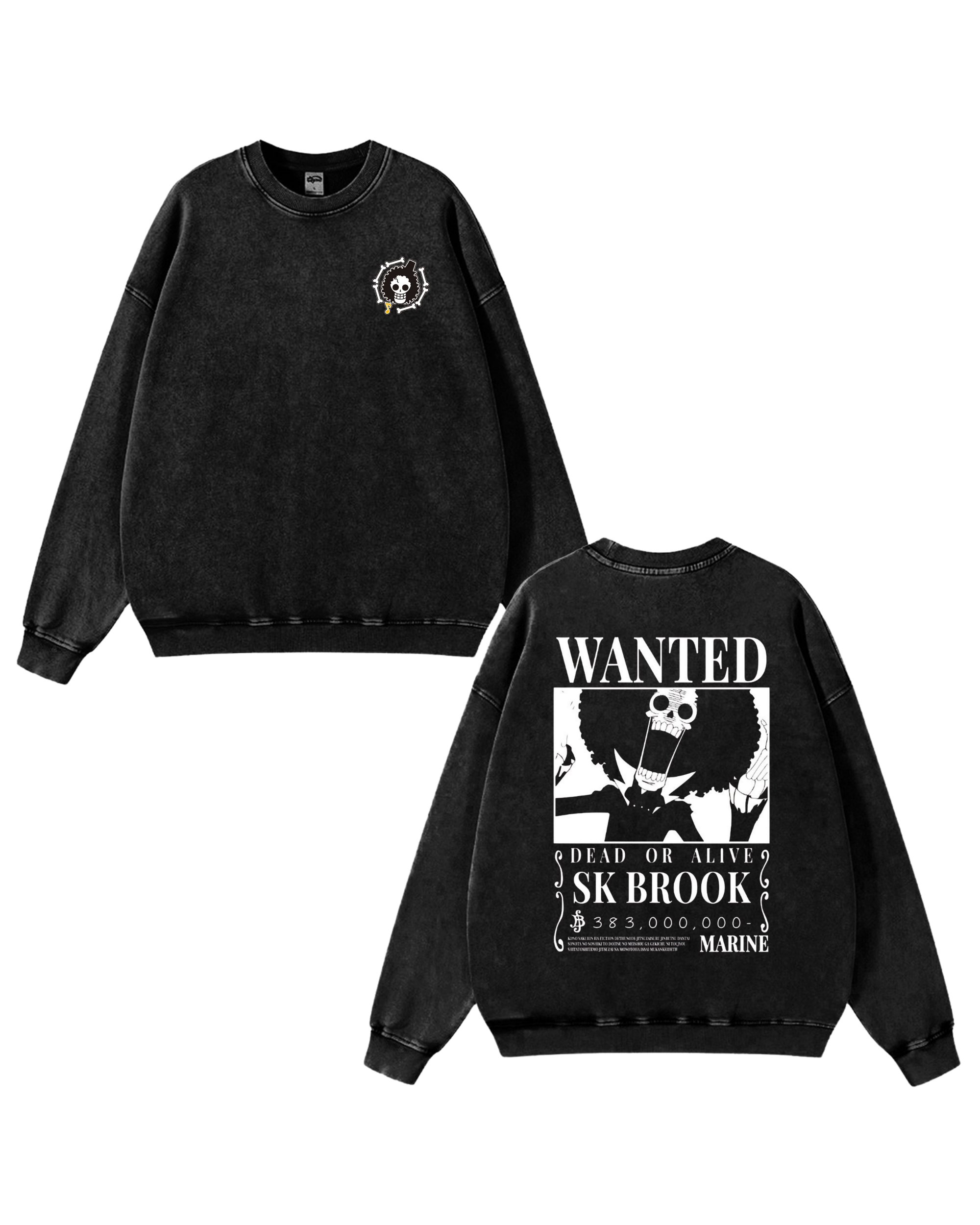 Brook Wanted Poster Anime One Piece Washed Sweatshirt Cotton Graphic