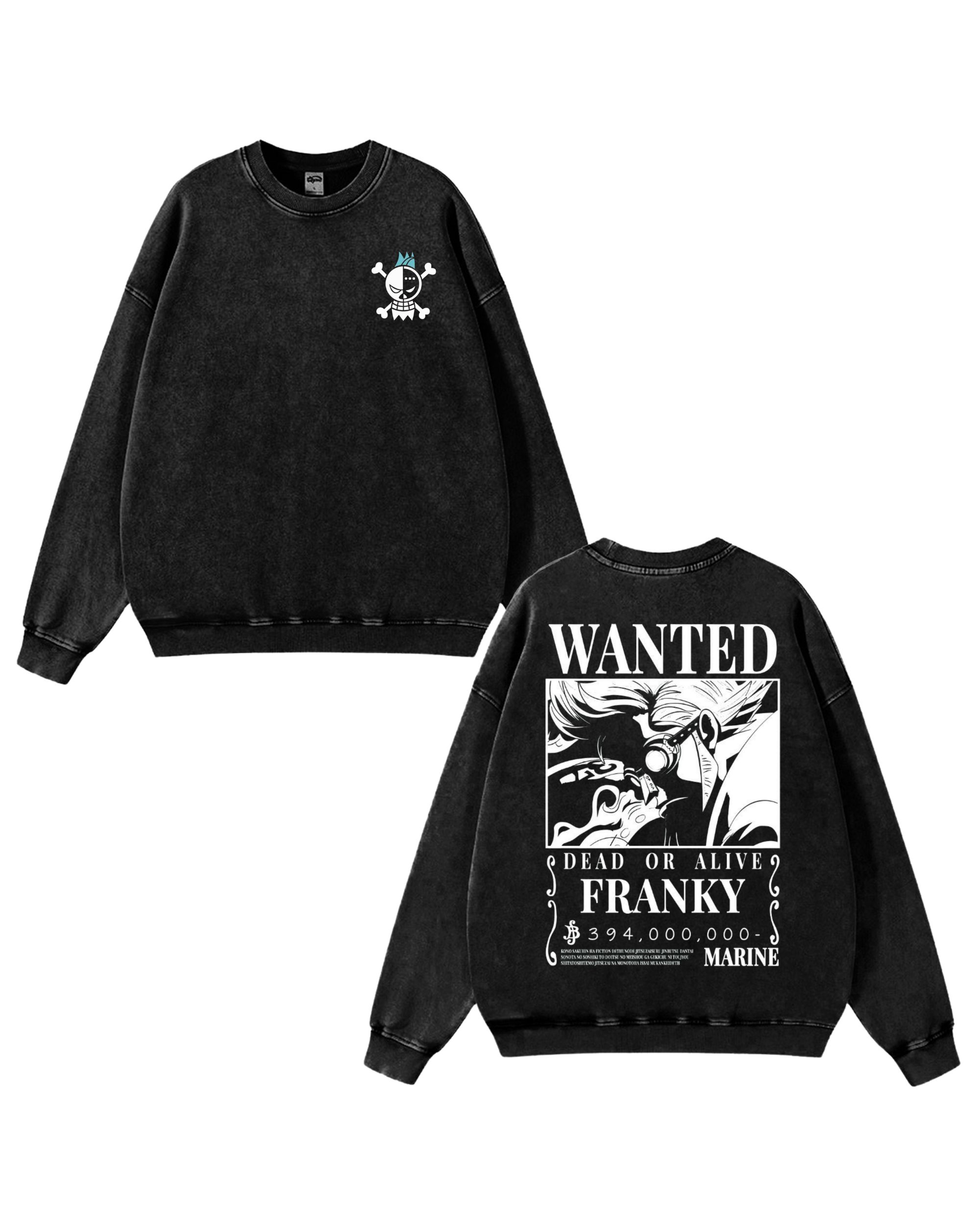 Franky Wanted Poster Anime One Piece Washed Sweatshirt Cotton Graphic