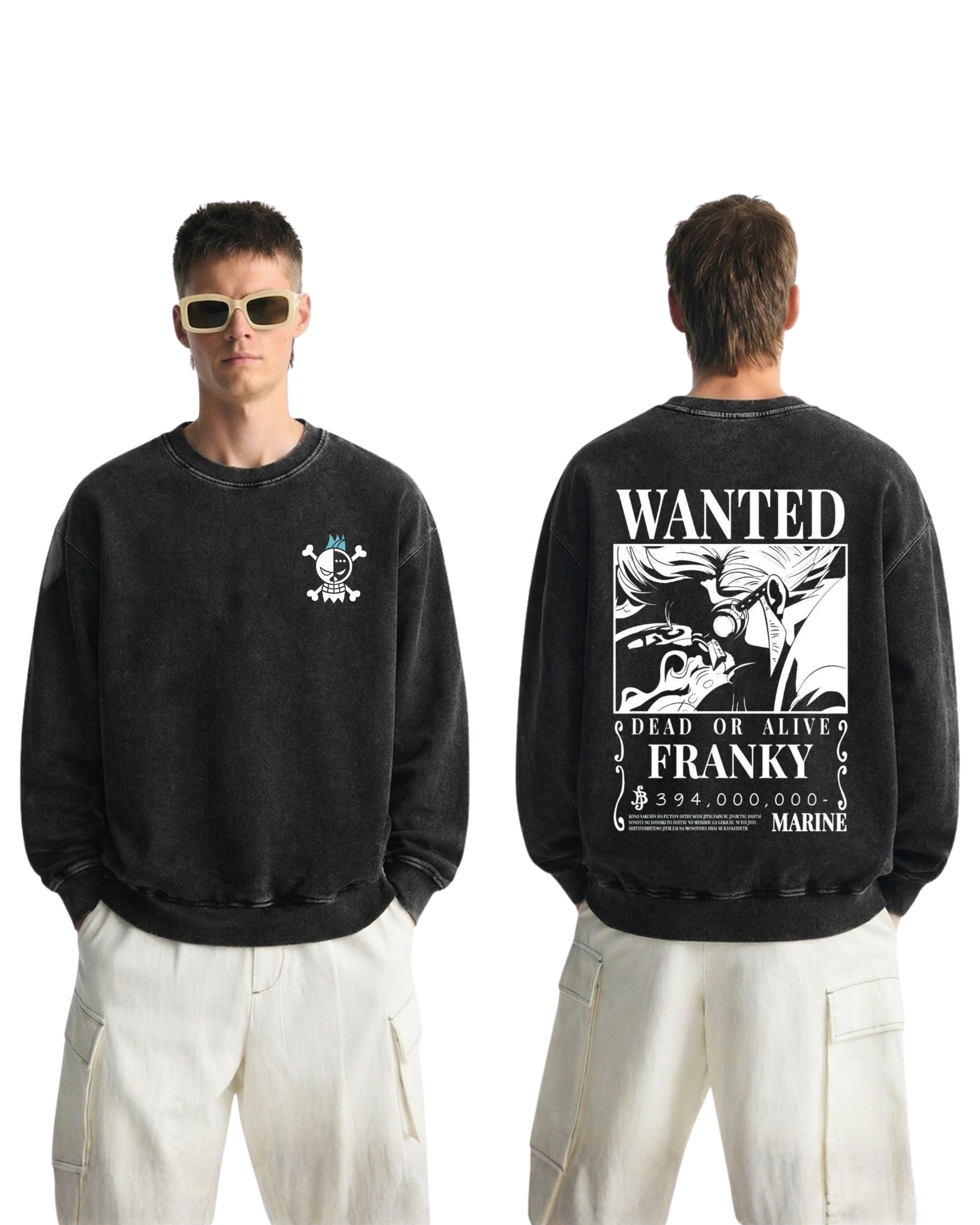 Franky Wanted Poster Anime One Piece Washed Sweatshirt Cotton Graphic