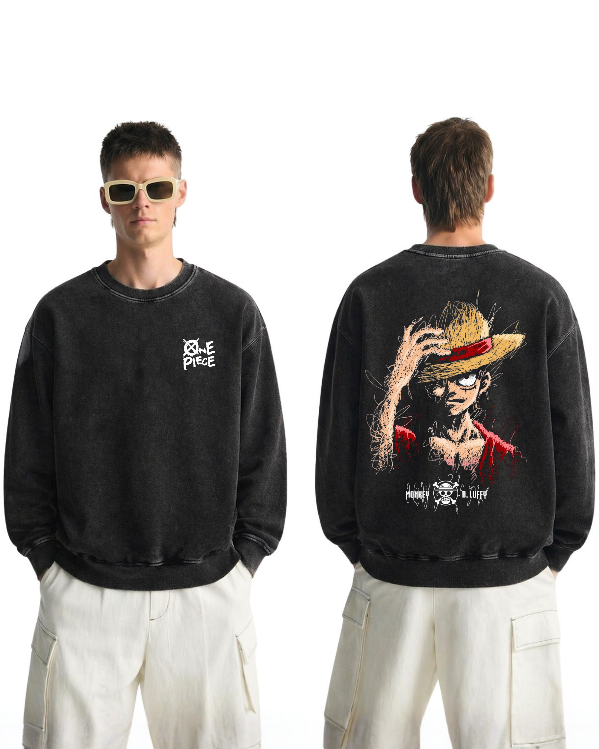 Luffy v1 Anime One Piece Washed Sweatshirt Cotton Graphic