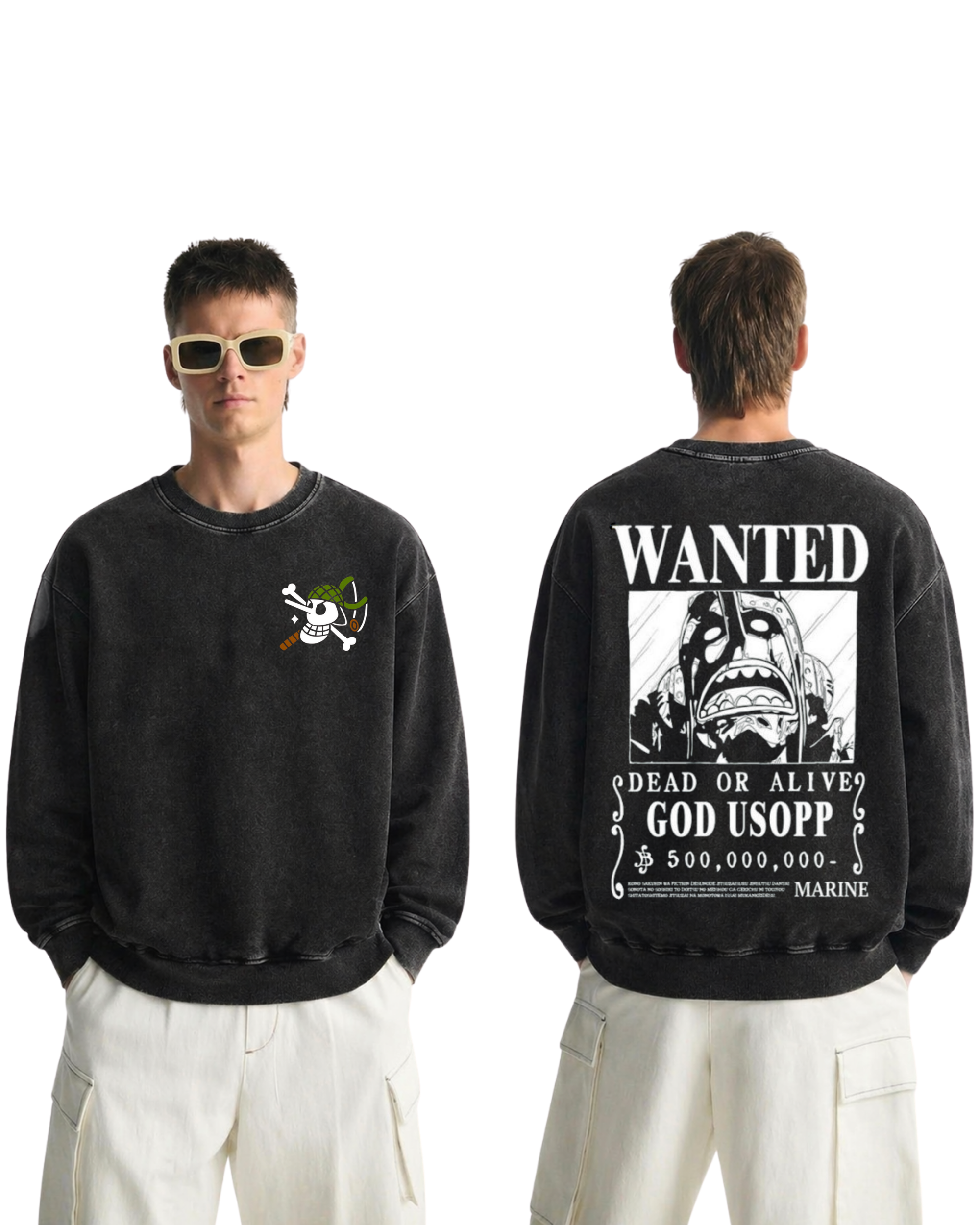 God Usopp Wanted Poster Anime One Piece Washed Sweatshirt Cotton Graphic