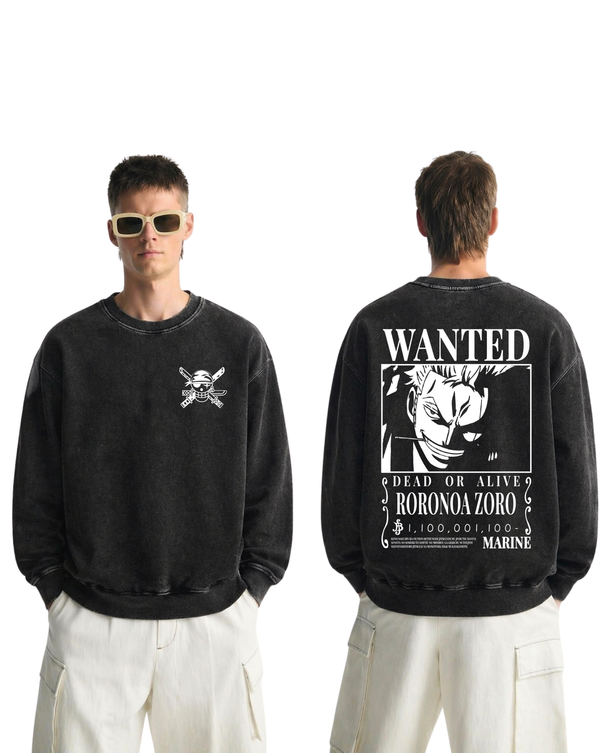 Zoro Wanted Poster Anime One Piece Washed Sweatshirt Cotton Graphic