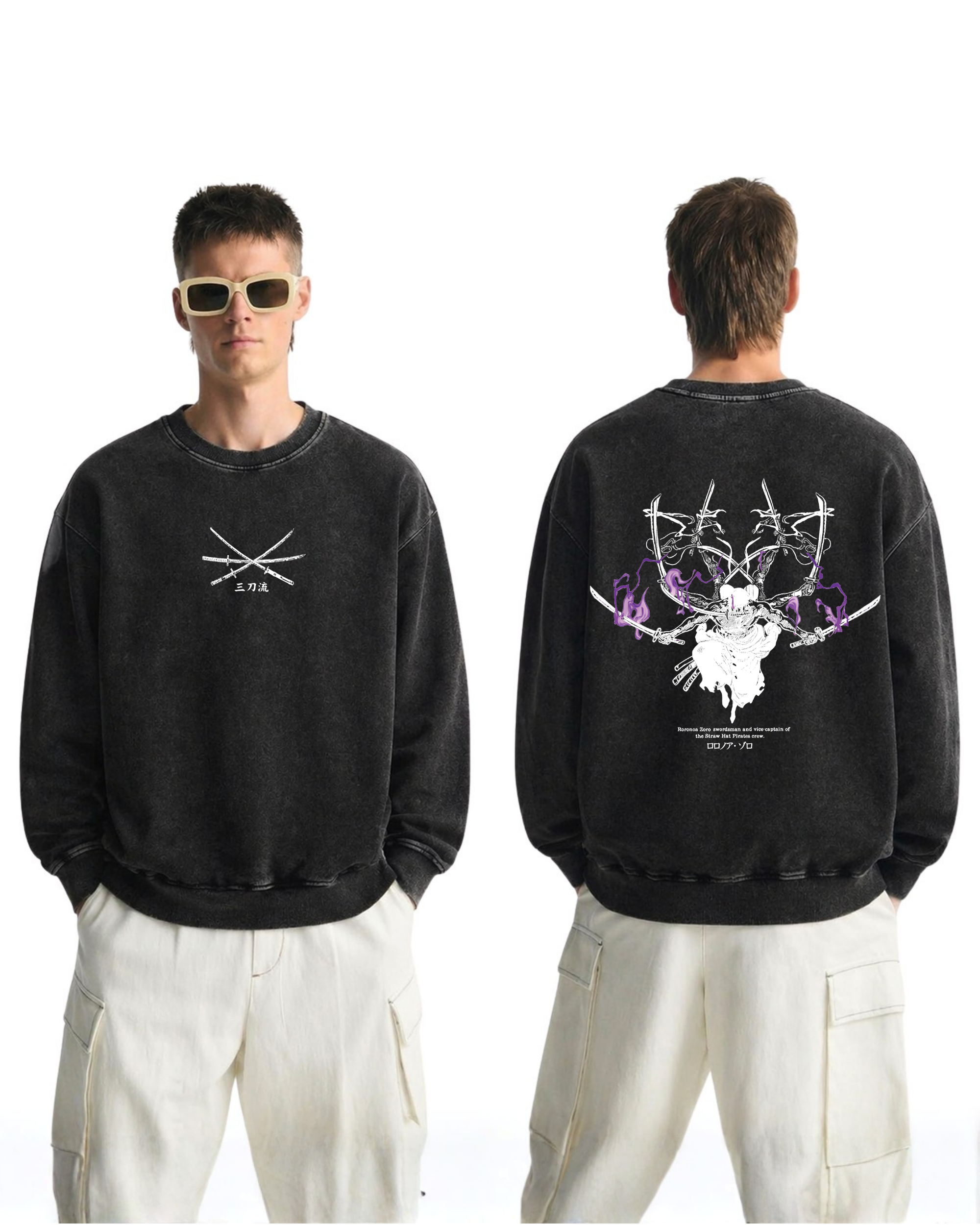 Zoro v1 Anime One Piece Washed Sweatshirt Cotton Graphic