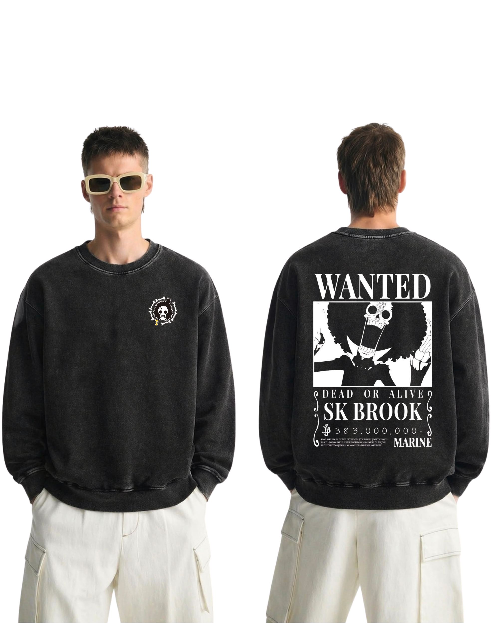 Brook Wanted Poster Anime One Piece Washed Sweatshirt Cotton Graphic