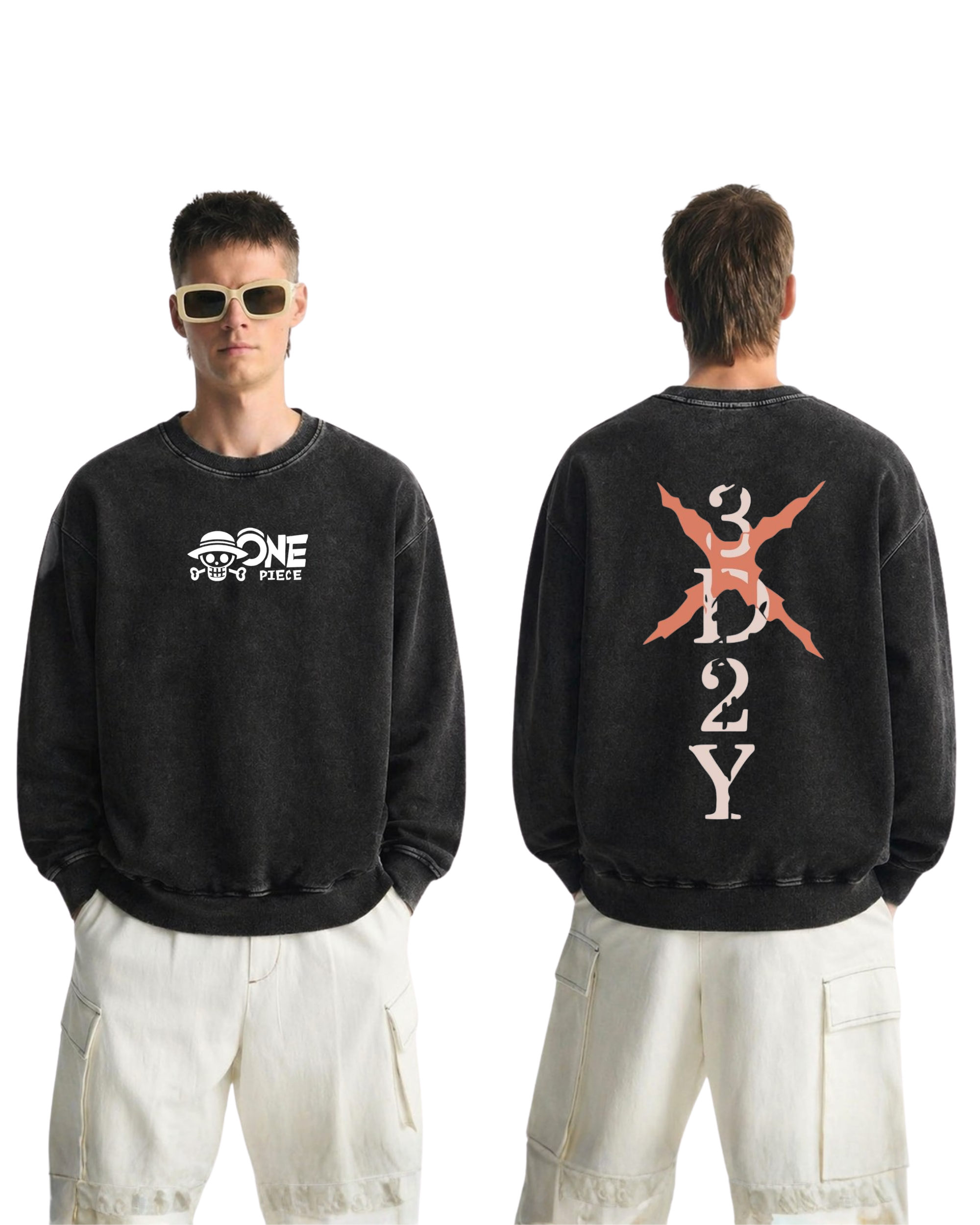 One Piece Anime Washed Sweatshirt Cotton Graphic