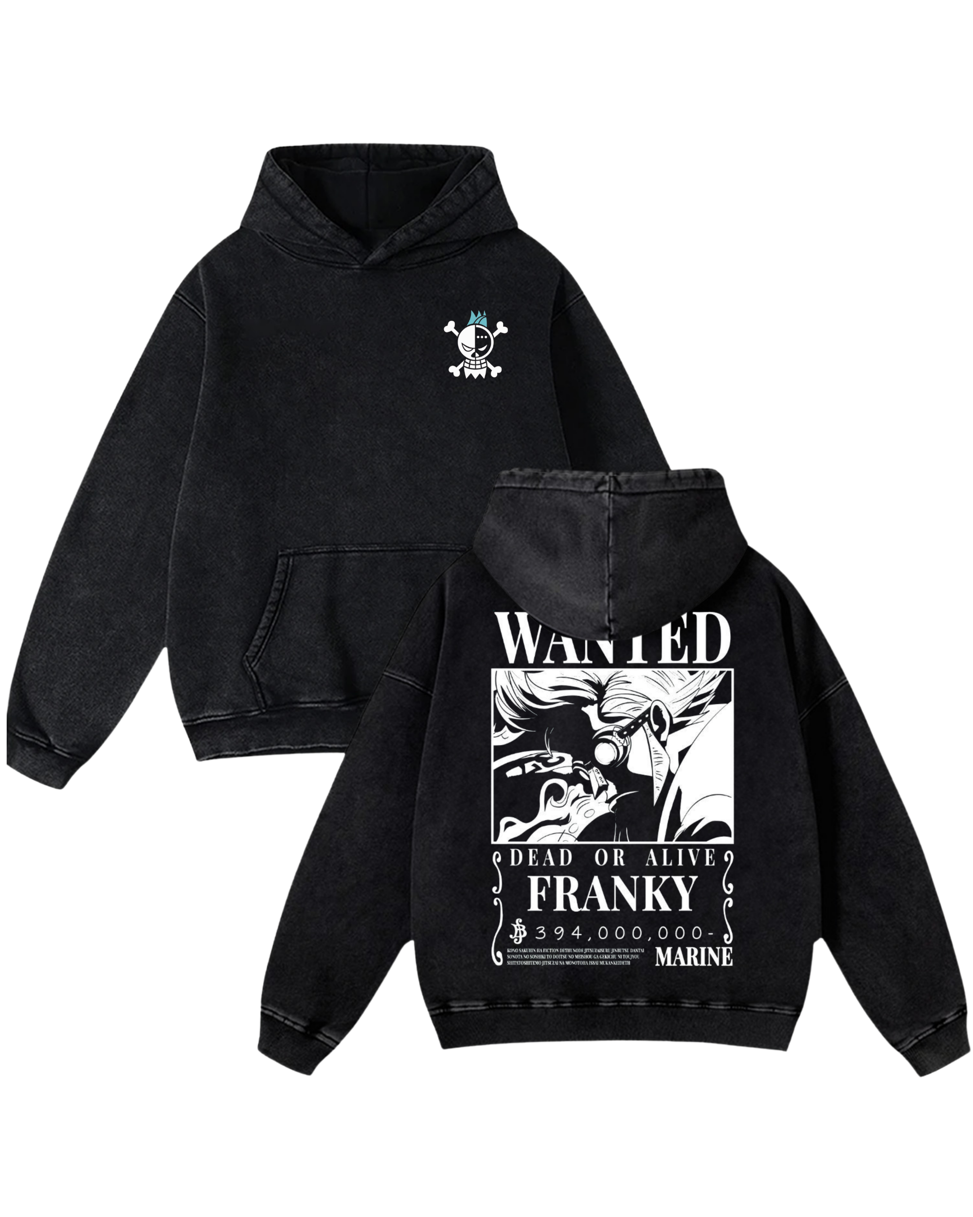 Franky Wanted Poster Anime One Piece Washed Hoodie Cotton Graphic