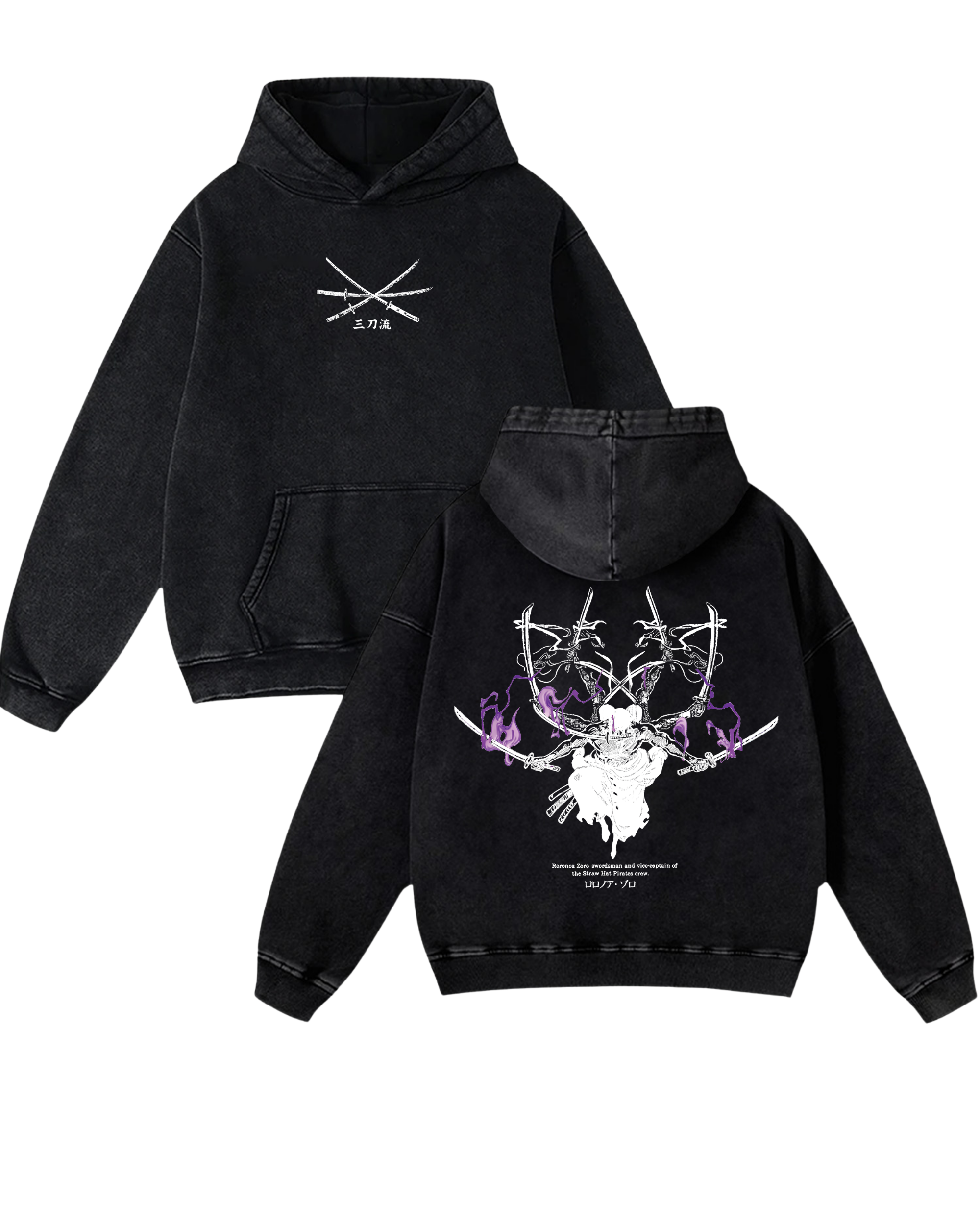 Zoro v1 Anime One Piece Washed Hoodie Cotton Graphic