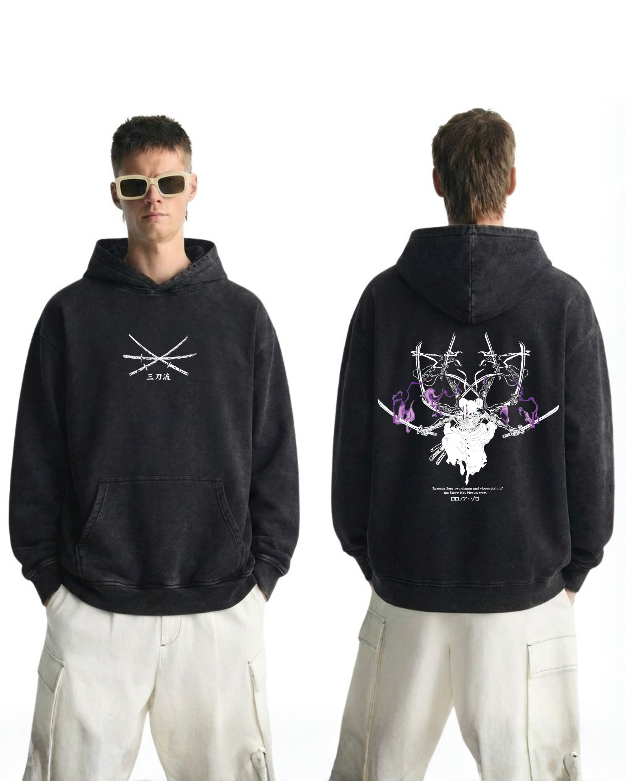 Zoro v1 Anime One Piece Washed Hoodie Cotton Graphic