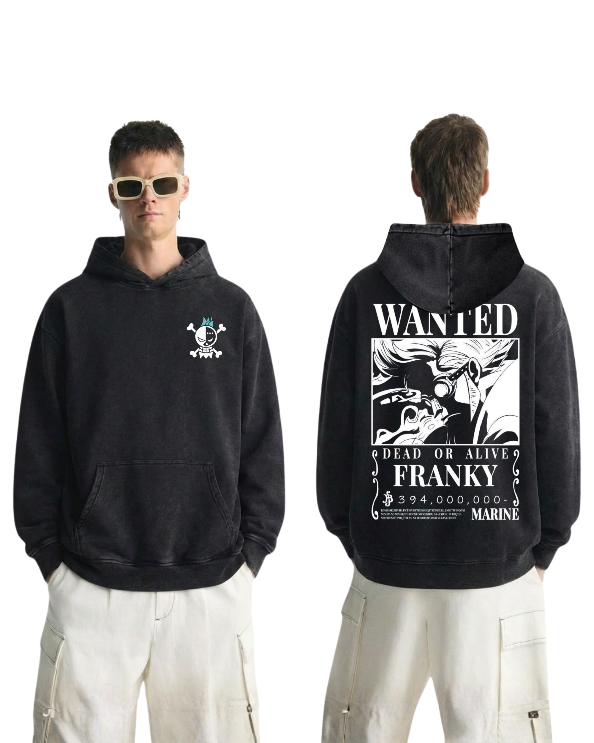 Franky Wanted Poster Anime One Piece Washed Hoodie Cotton Graphic