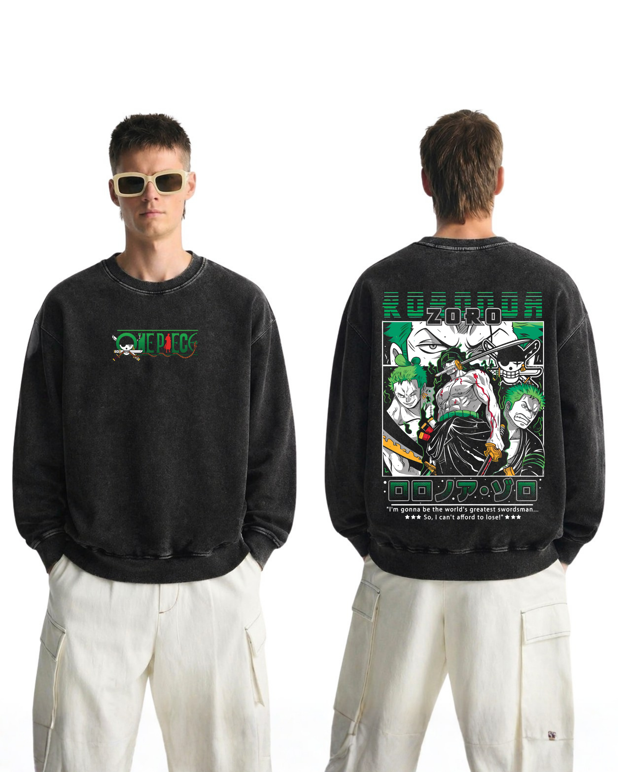 Retro Style Zoro Anime One Piece Washed Sweatshirt Cotton Graphic