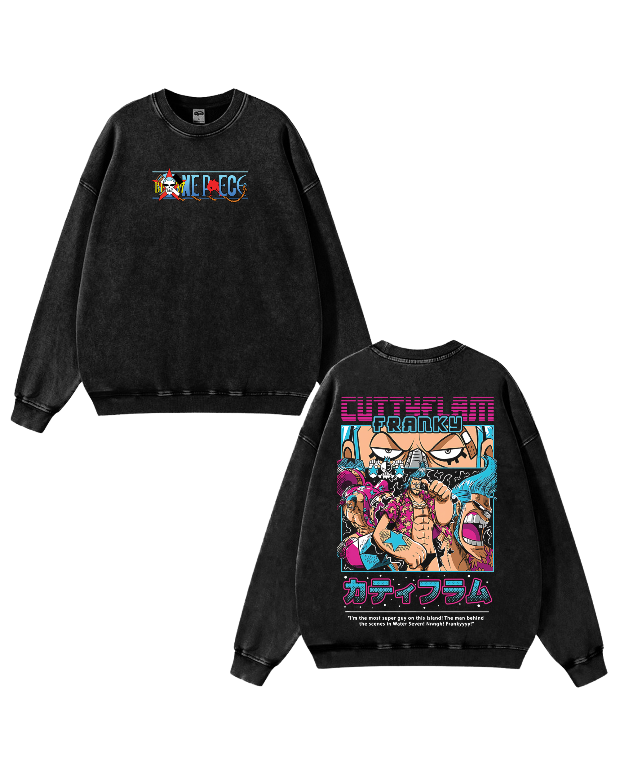 Retro Style Franky Anime One Piece Washed Sweatshirt Cotton Graphic