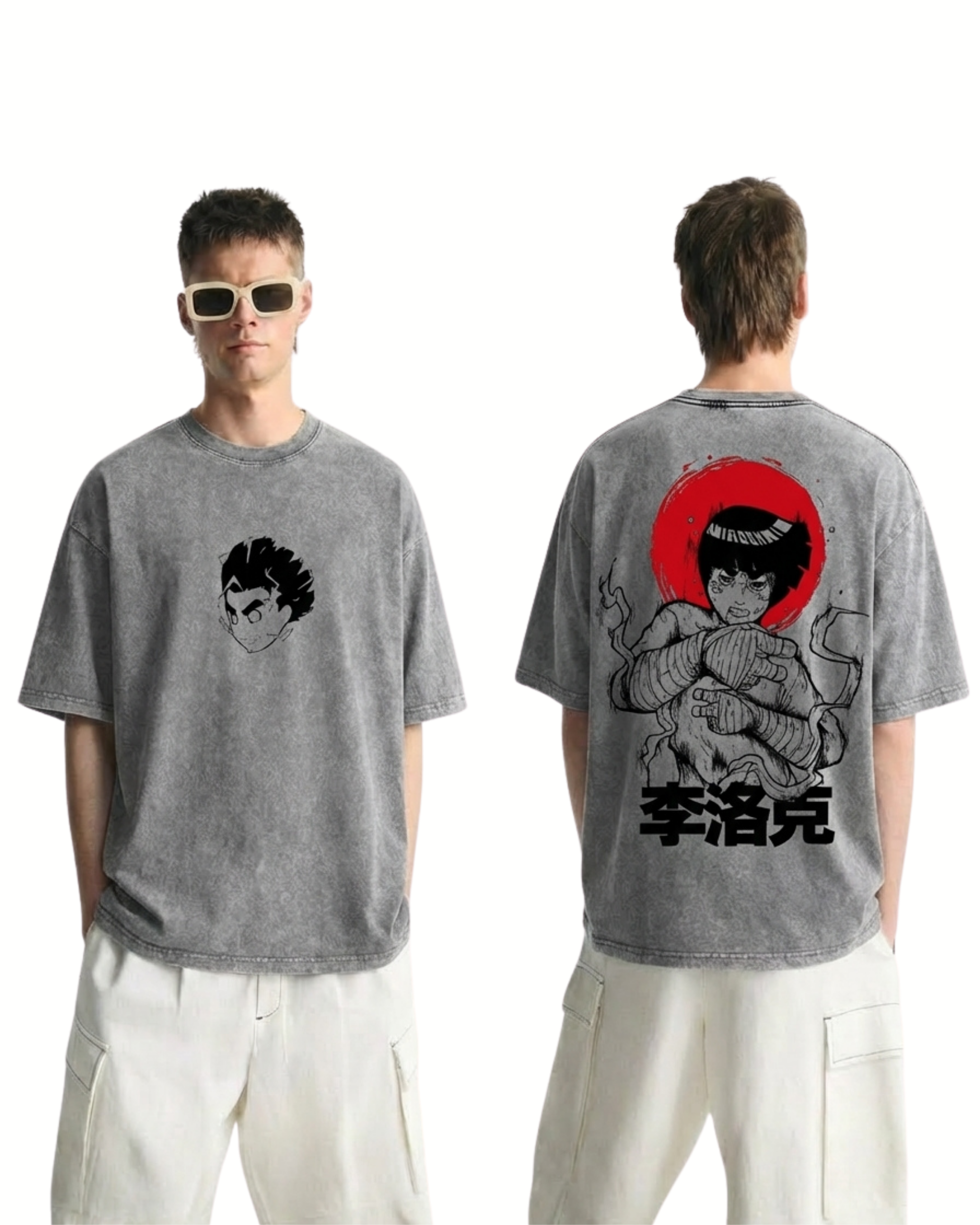 Retro Style Rock Lee Anime Naruto Washed Cotton Graphic Tee