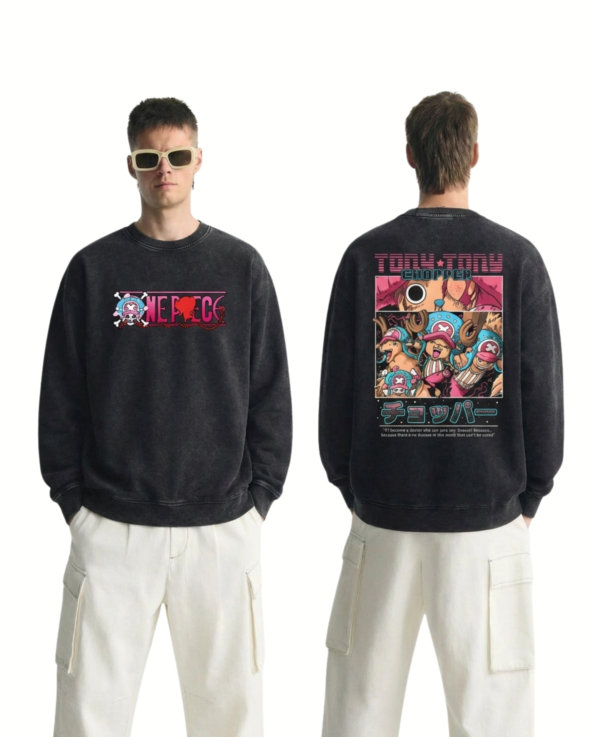 Retro Style Tony Tony Chopper Anime One Piece Washed Sweatshirt Cotton Graphic