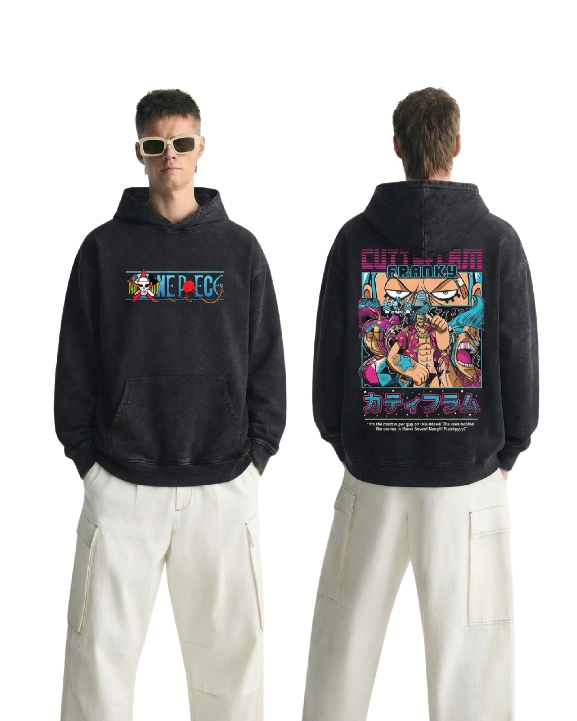 Retro Style Franky Anime One Piece Washed Hoodie Cotton Graphic