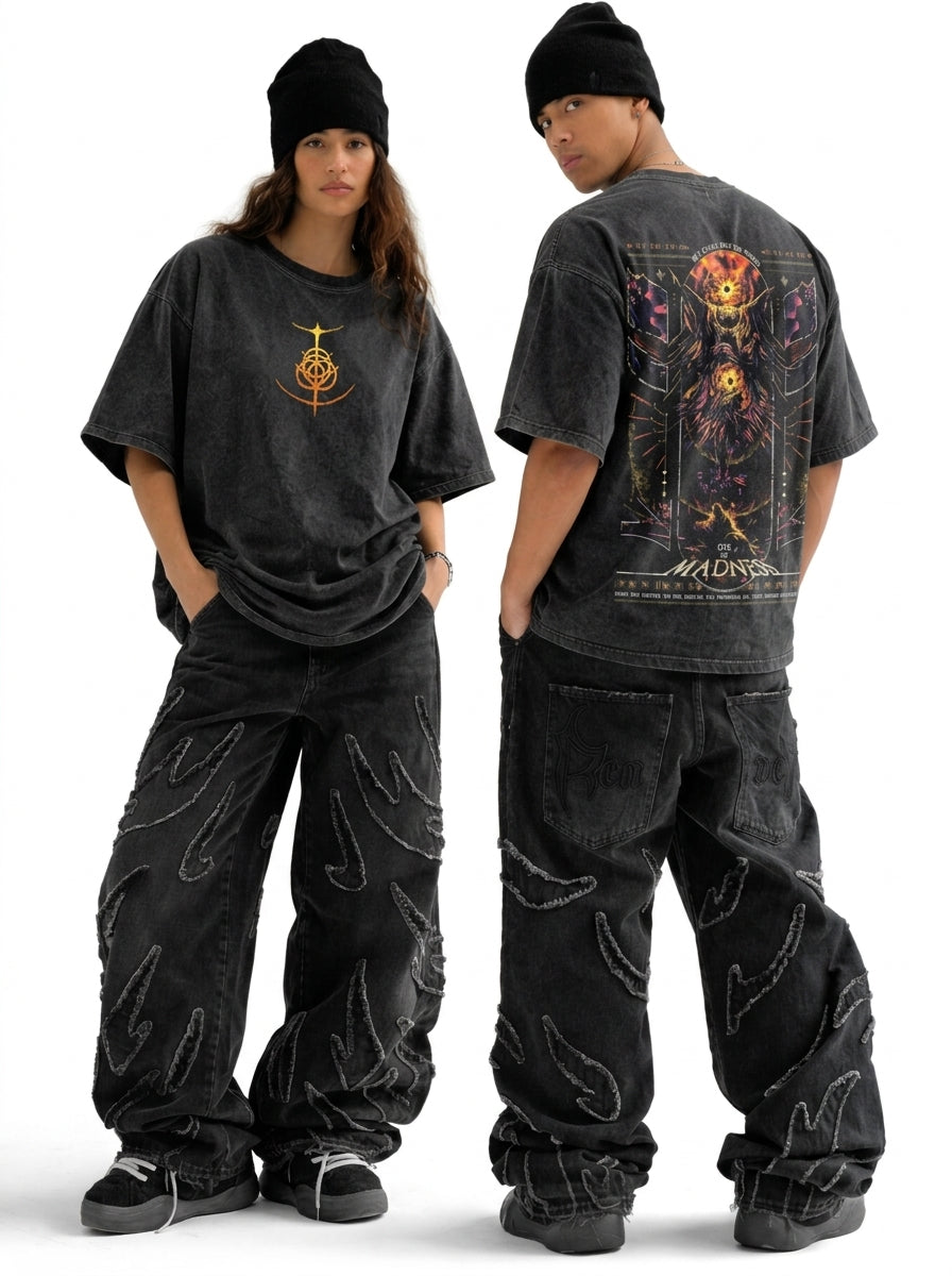 Frenzy Flame Elden Ring Oversized Acid Wash T-Shirt – Vintage Graphic Gaming Streetwear Tee