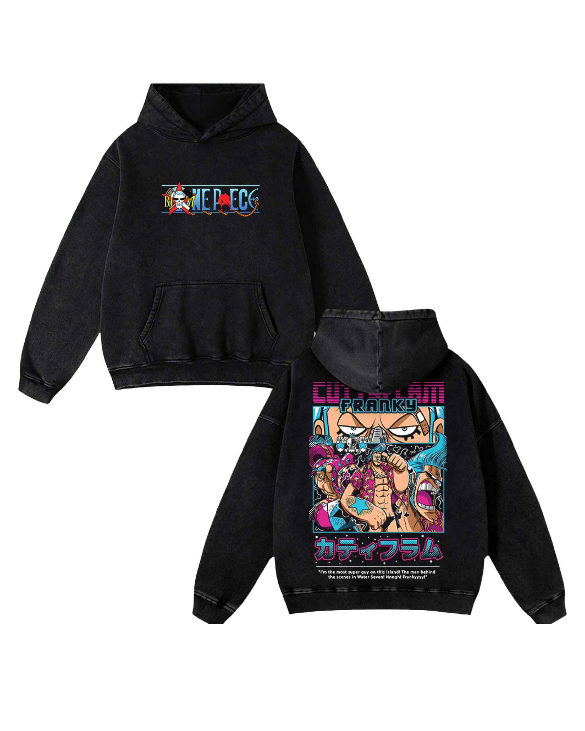 Retro Style Franky Anime One Piece Washed Hoodie Cotton Graphic