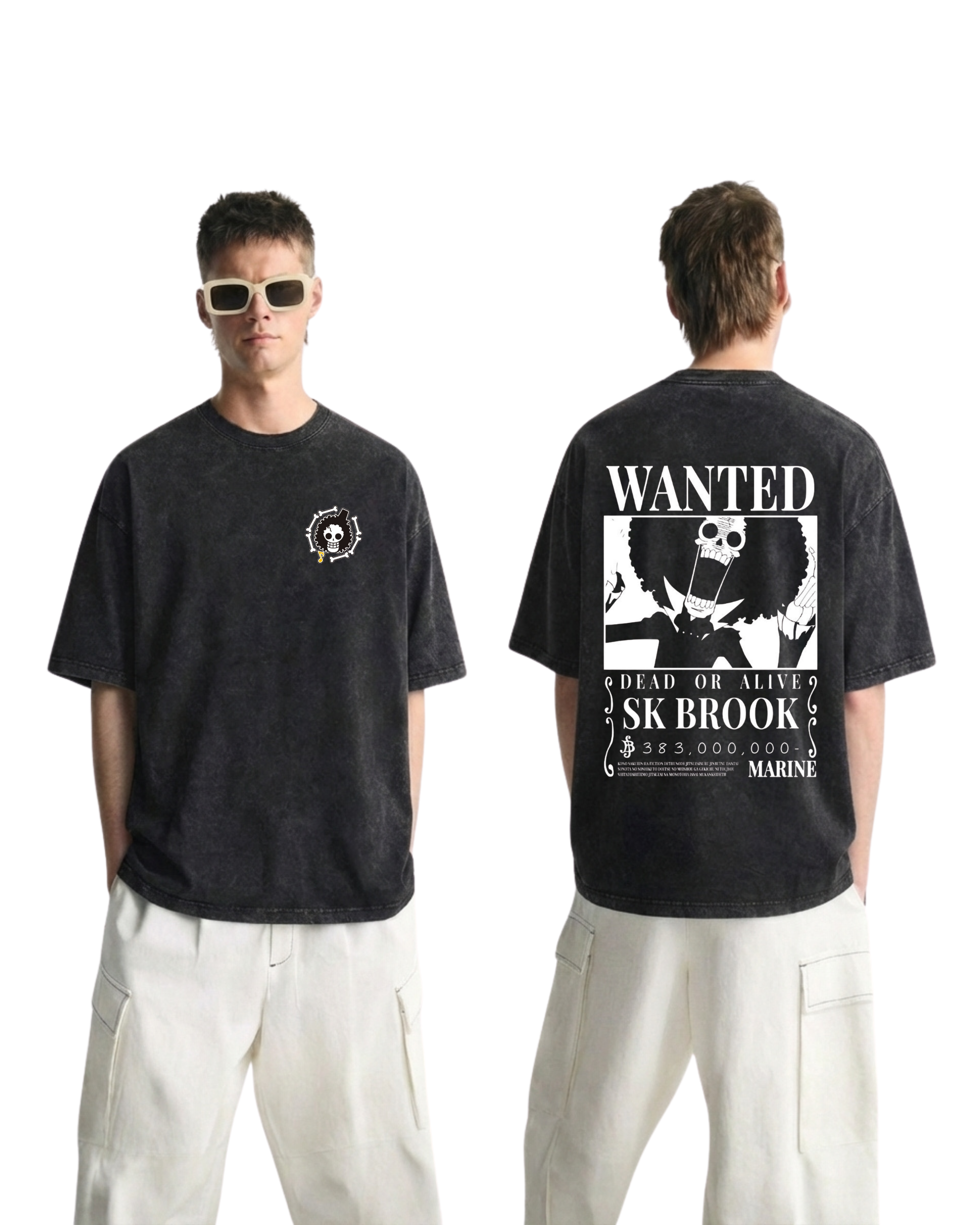 Brook Wanted Poster Anime One Piece Washed T-Shirt Cotton Graphic