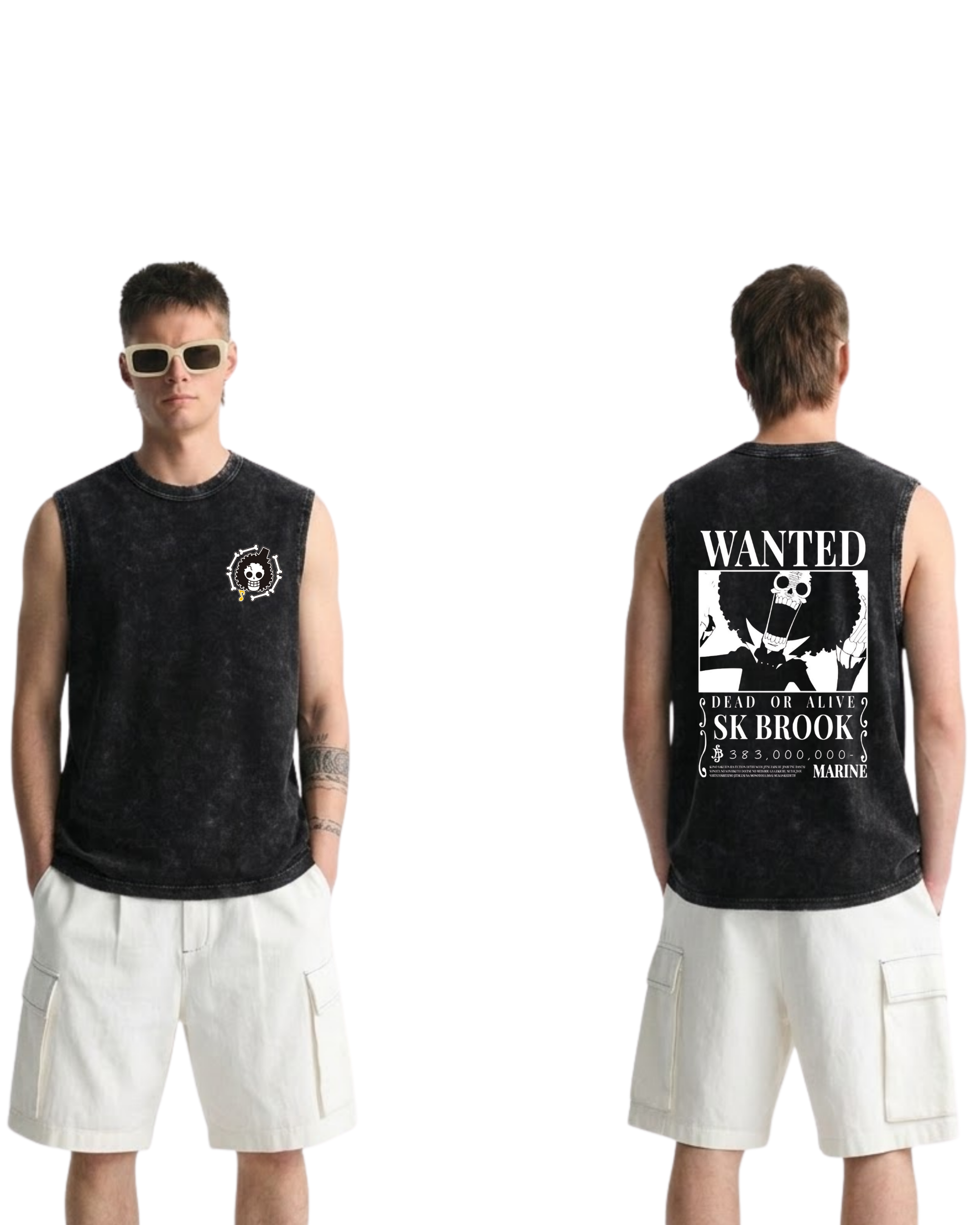 Brook Wanted Poster Anime One Piece Washed Tanktop Cotton Graphic