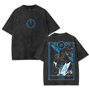 Black t-shirt with blue graphic design on front and back