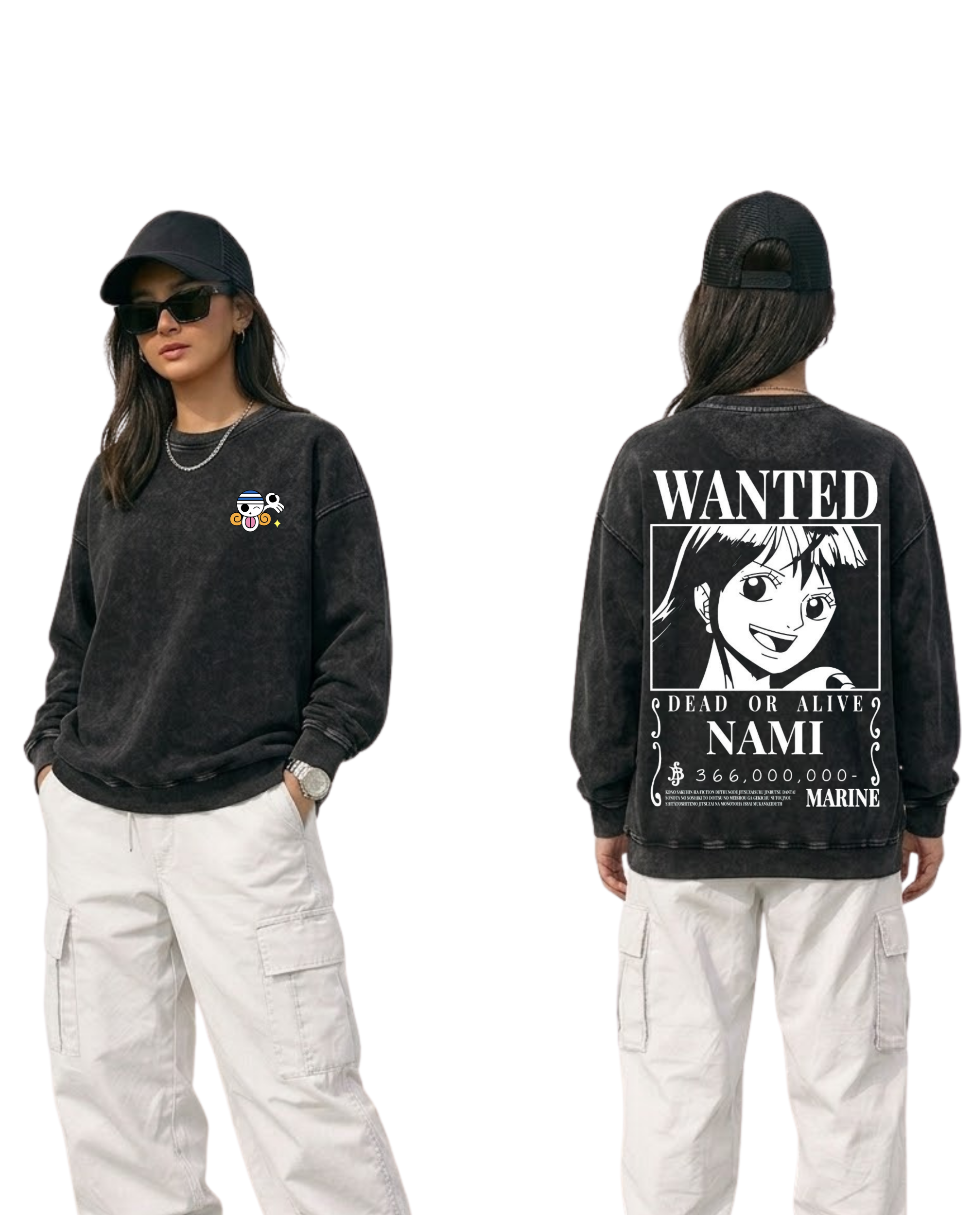 Nami Wanted Poster Anime One Piece Washed Sweatshirt Cotton Graphic
