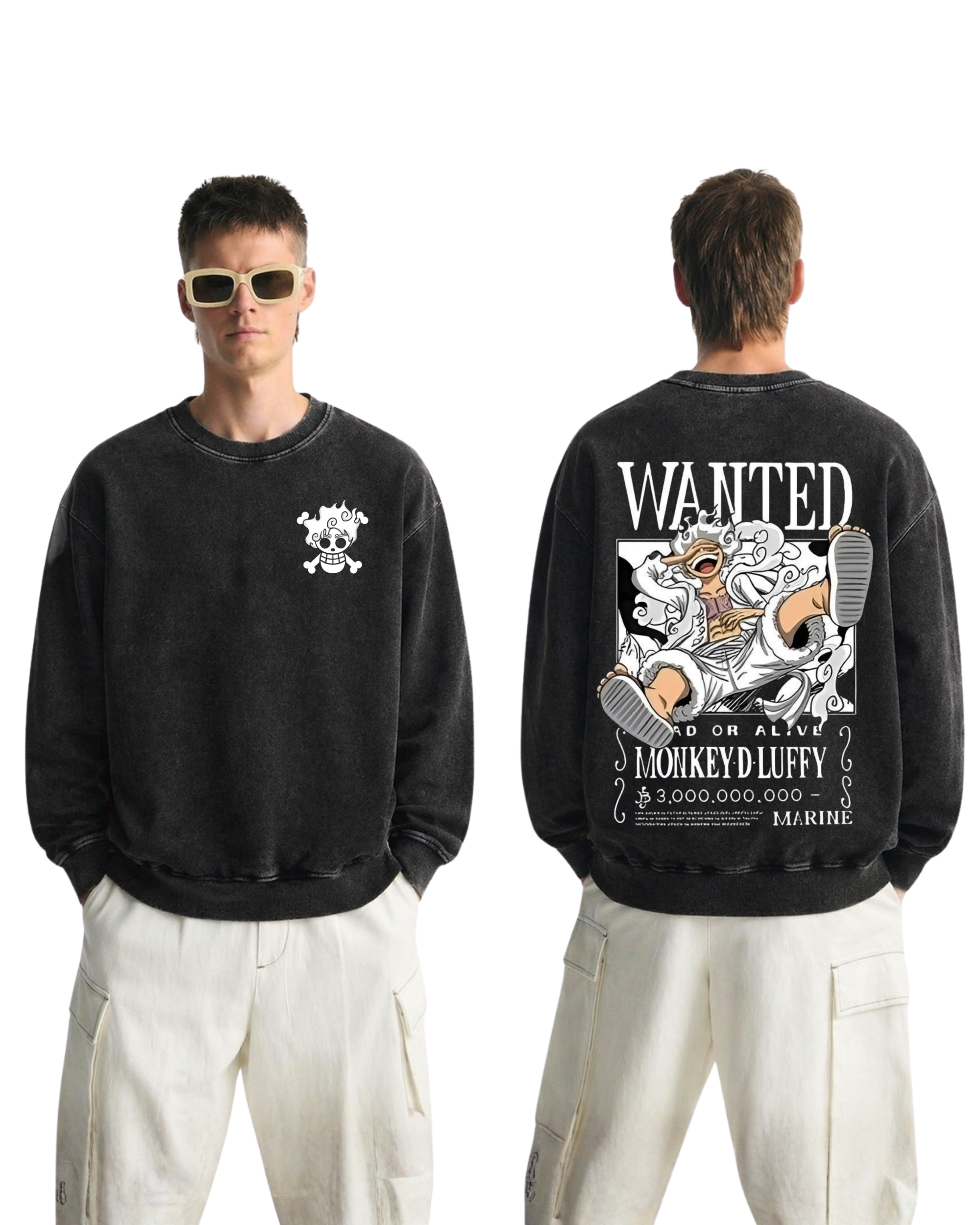 Luffy Wanted Poster Anime One Piece Washed Sweatshirt Cotton Graphic