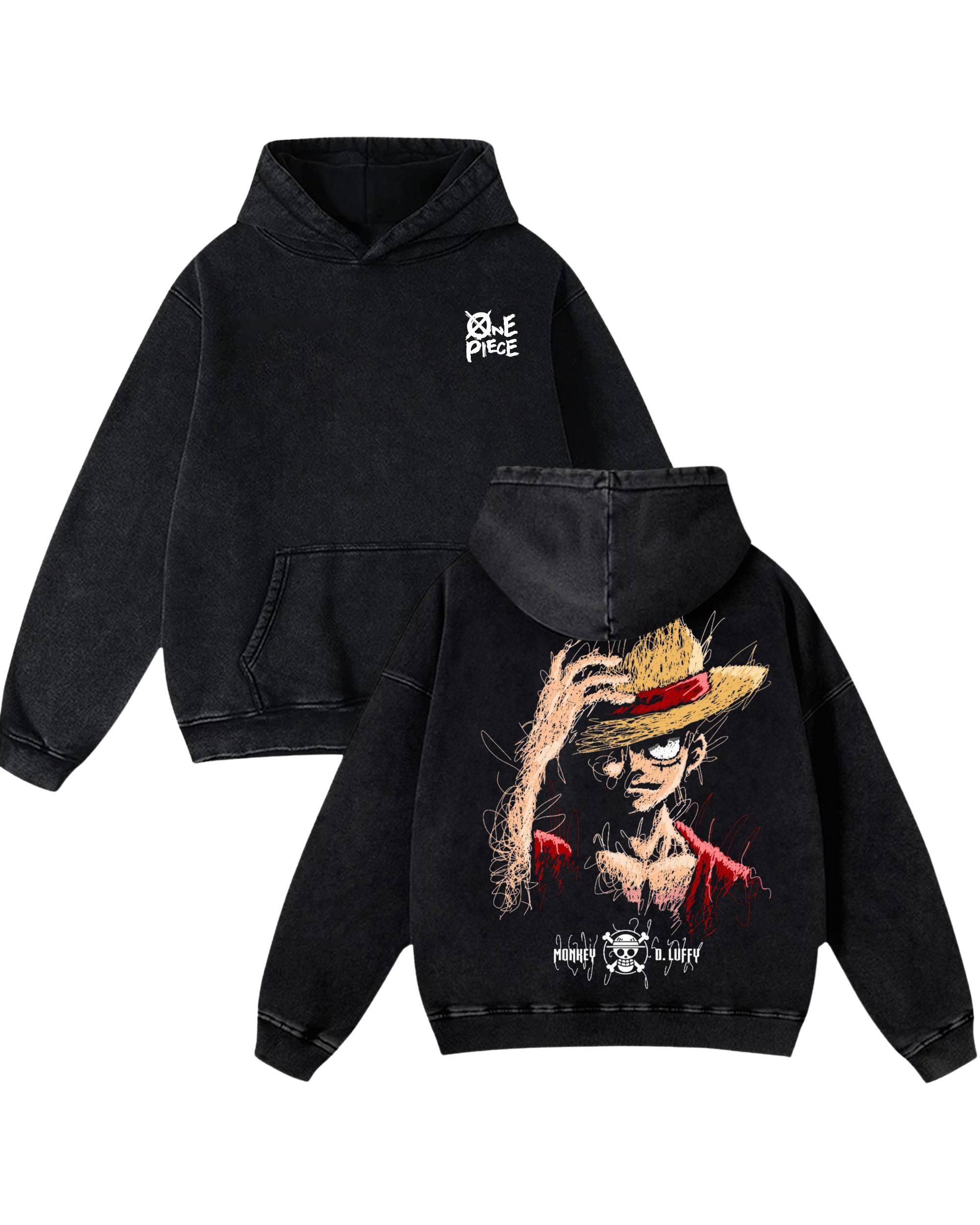 Luffy v1 Anime One Piece Washed Hoodie Cotton Graphic