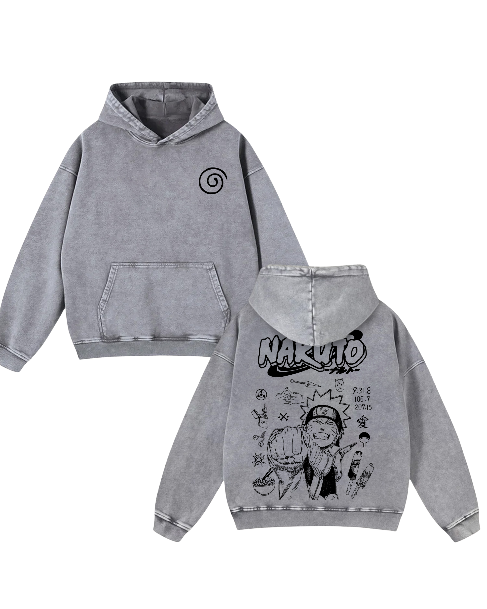 Retro Style Naurto v1 Anime Washed Hoodie Cotton Graphic