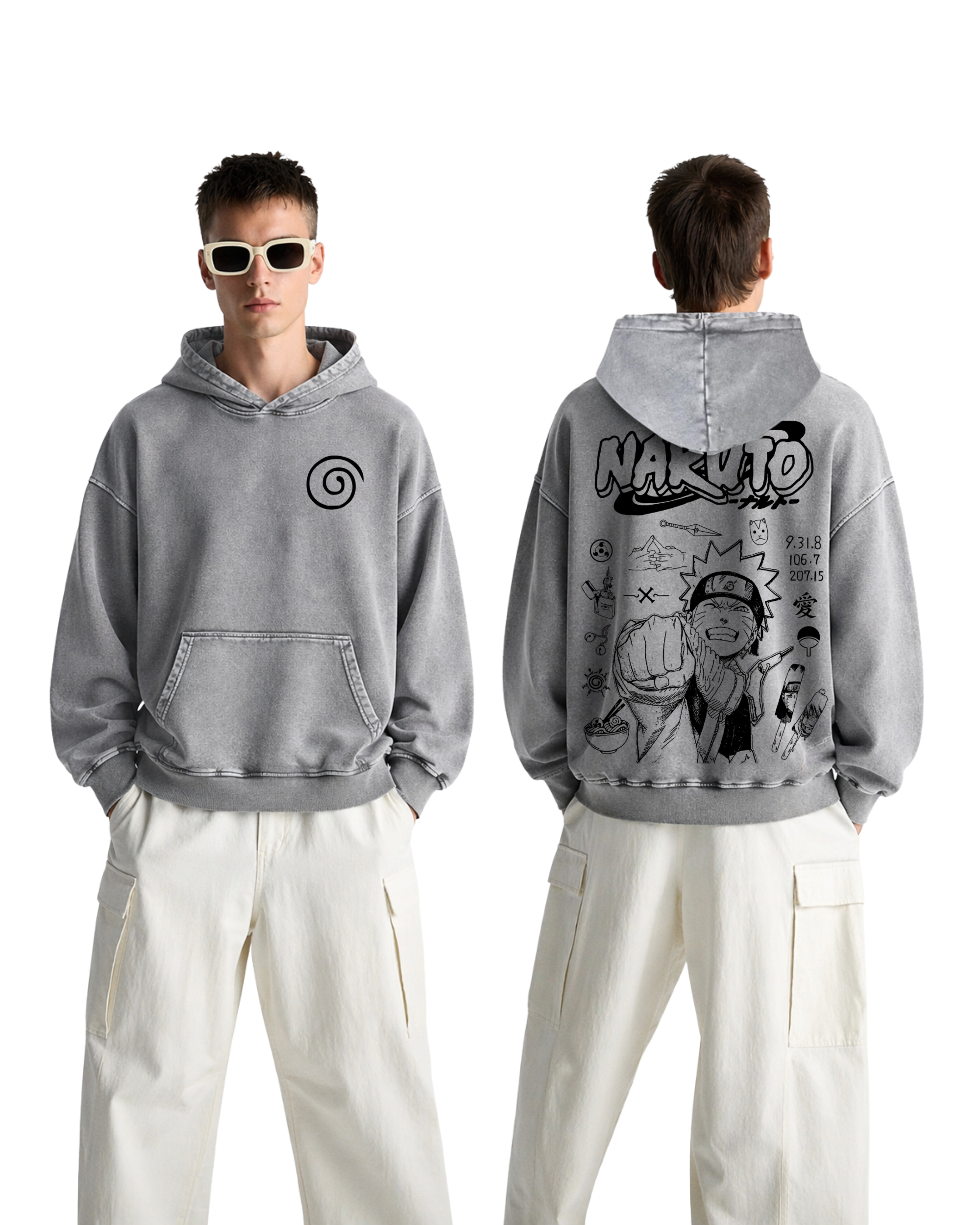 Retro Style Naurto v1 Anime Washed Hoodie Cotton Graphic