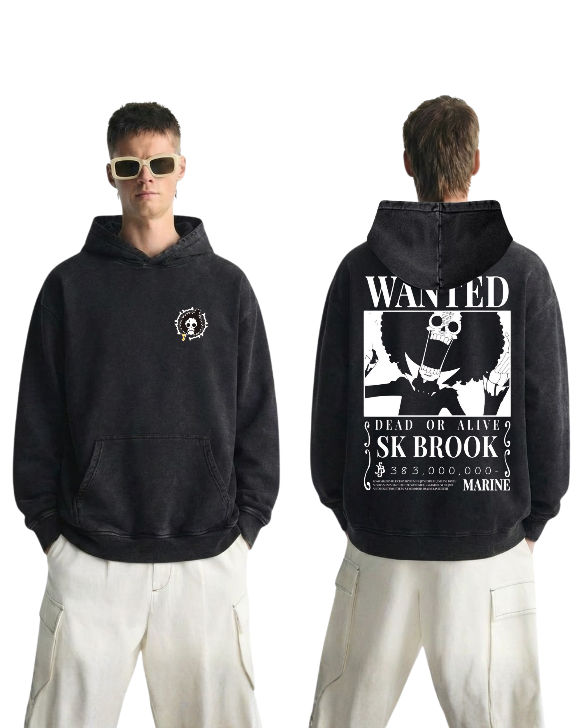 Brook Wanted Poster Anime One Piece Washed Hoodie Cotton Graphic