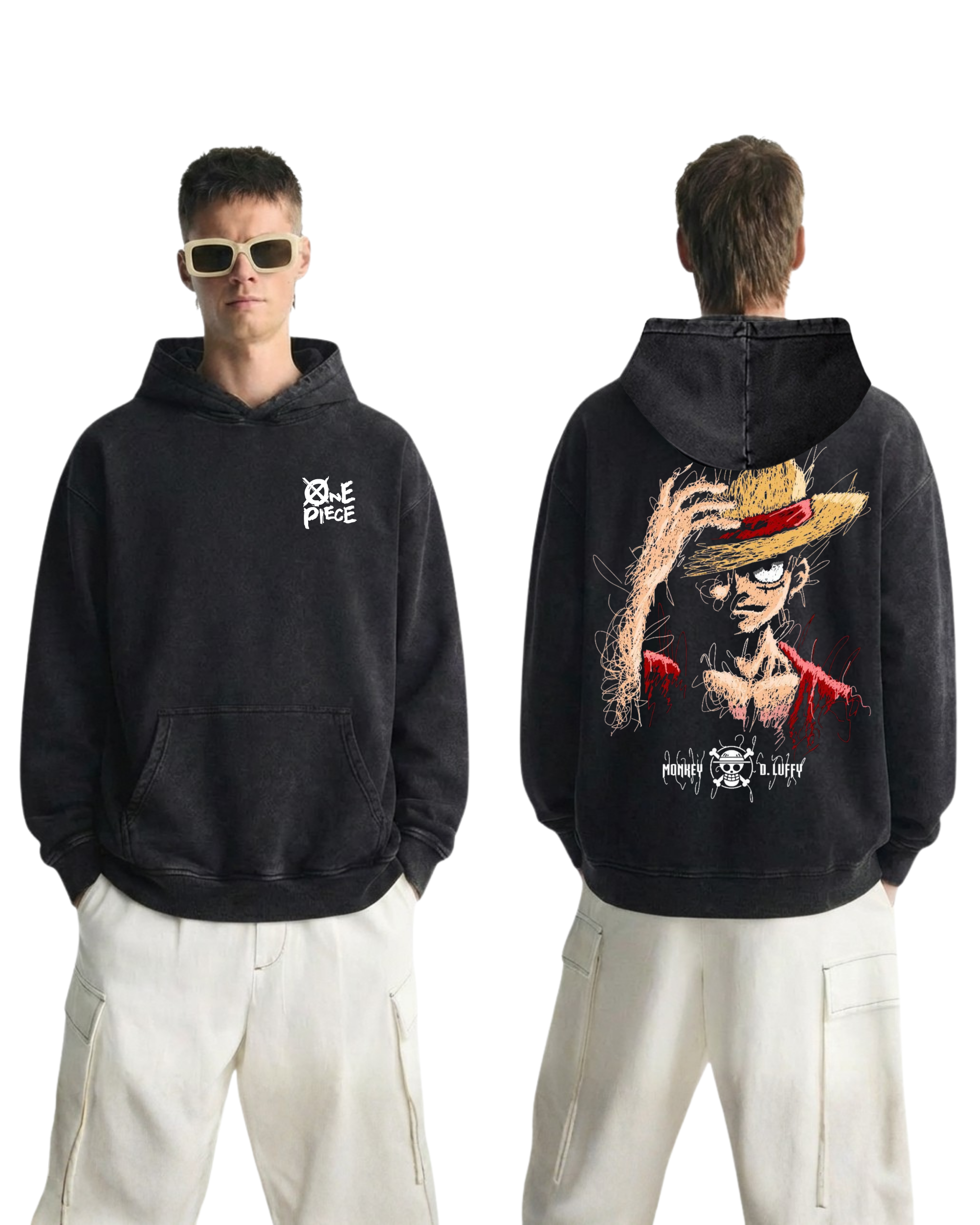 Luffy v1 Anime One Piece Washed Hoodie Cotton Graphic