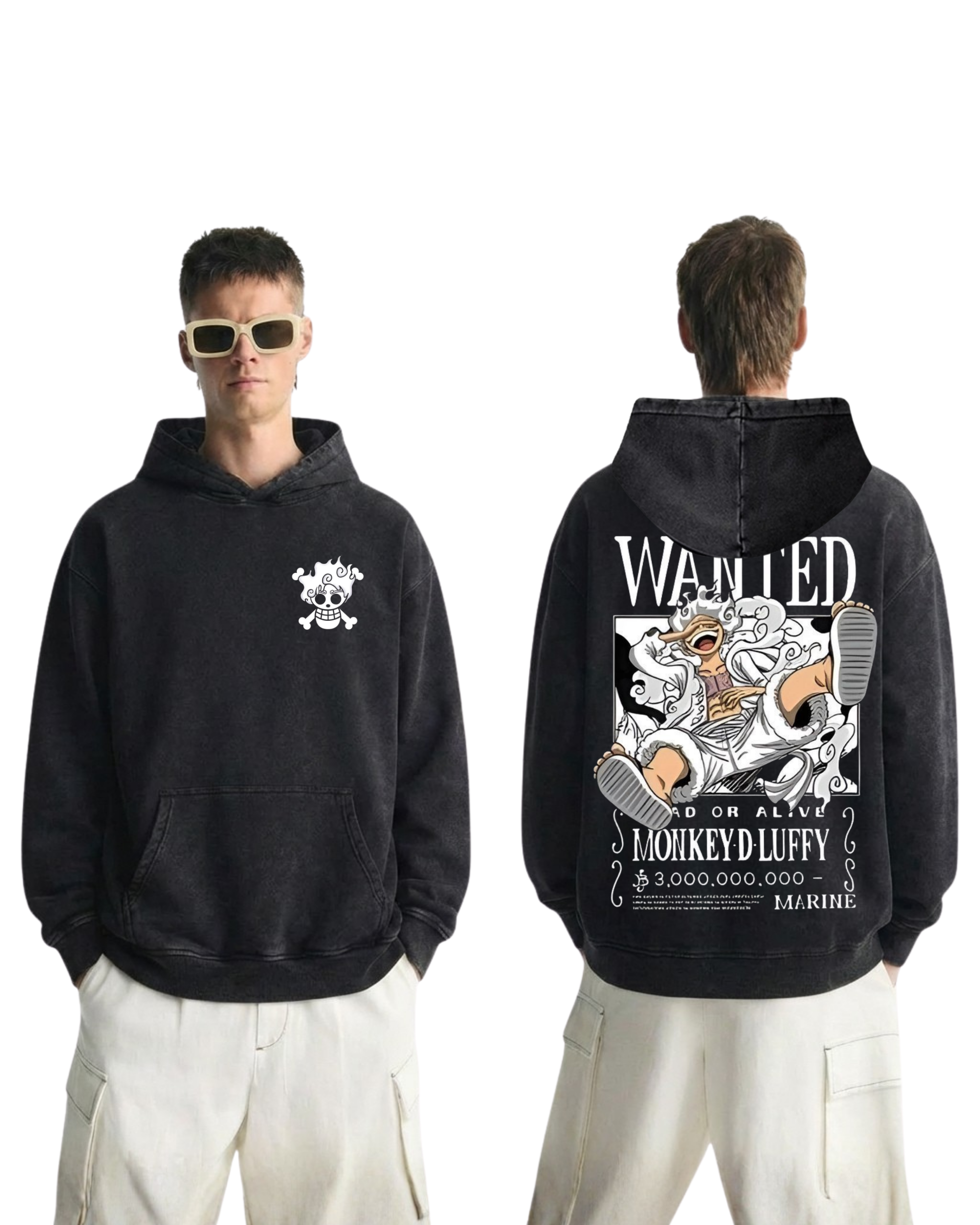 Luffy Wanted Poster Anime One PieceWashed Hoodie Cotton Graphic