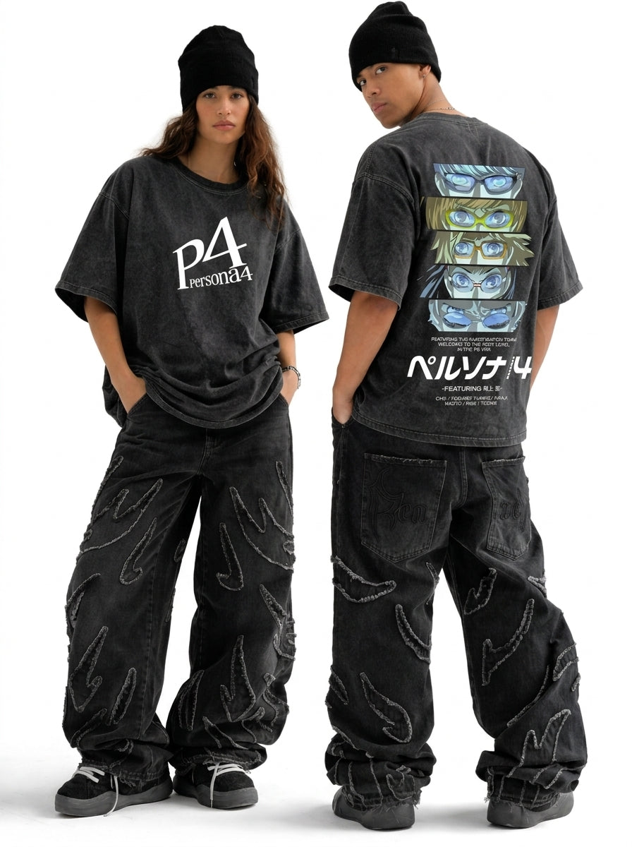 Persona 4 Oversized Acid Wash T-Shirt – Vintage Graphic Gaming Streetwear Tee