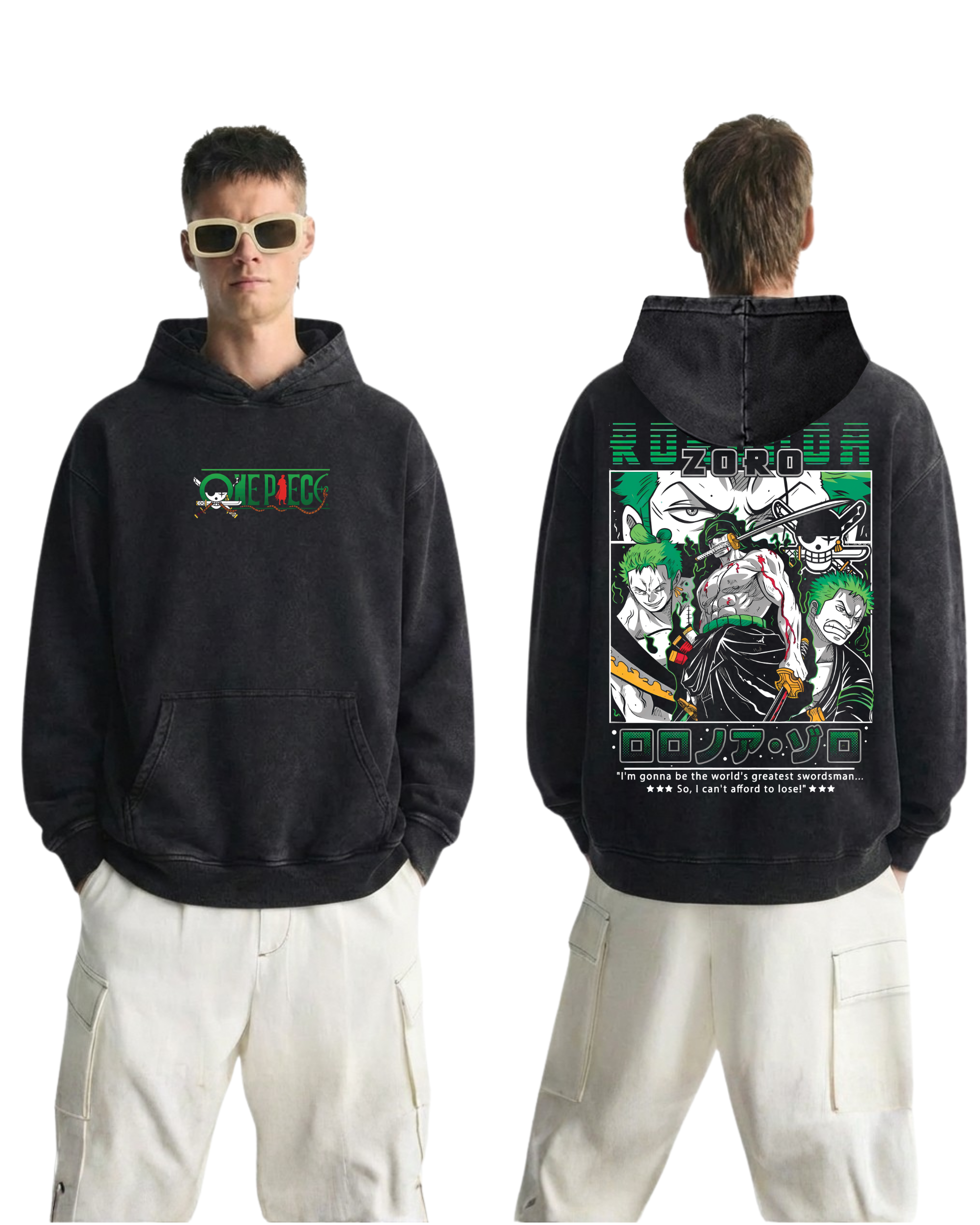 Retro Style Zoro Anime One Piece Washed Hoodie Cotton Graphic