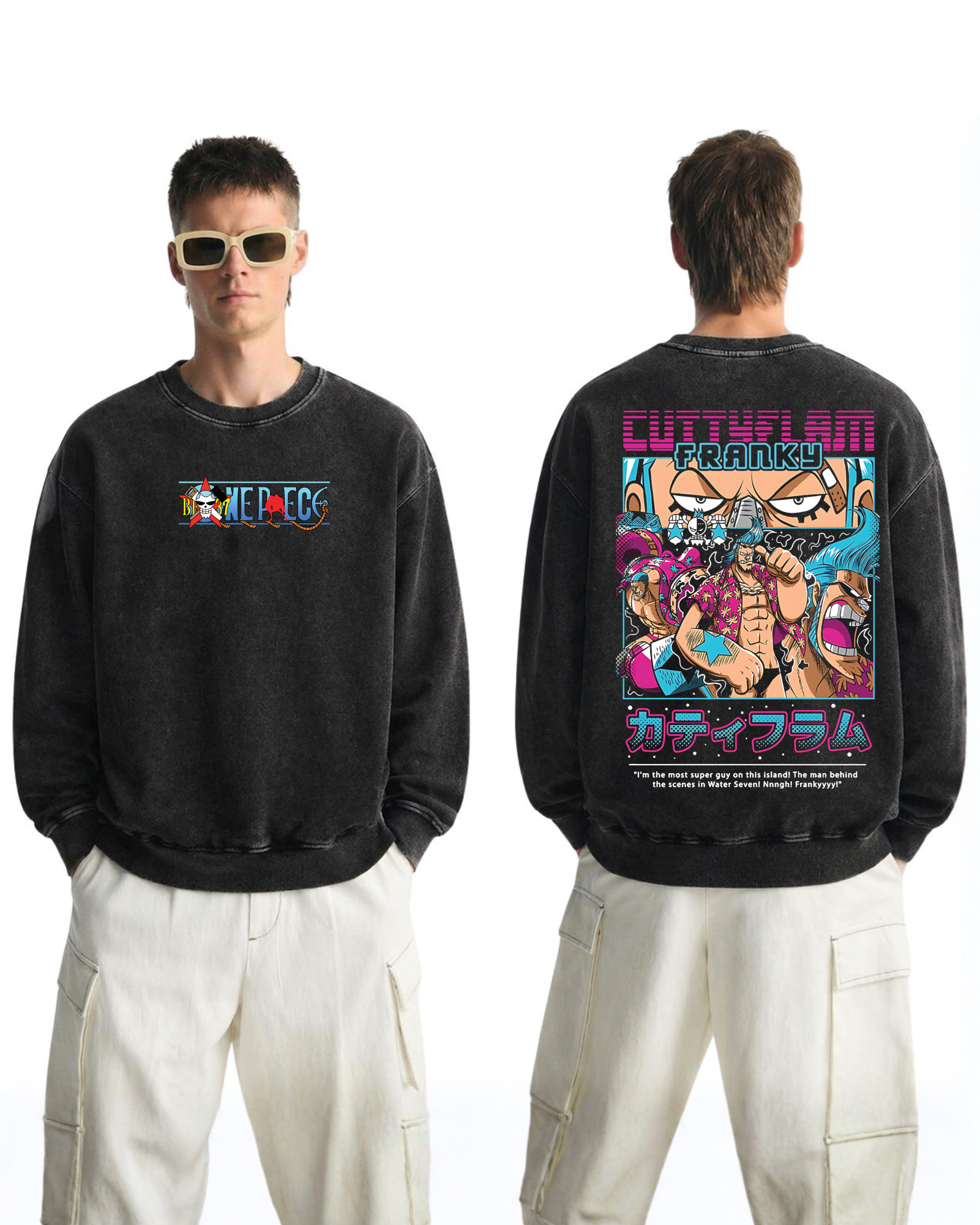 Retro Style Franky Anime One Piece Washed Sweatshirt Cotton Graphic