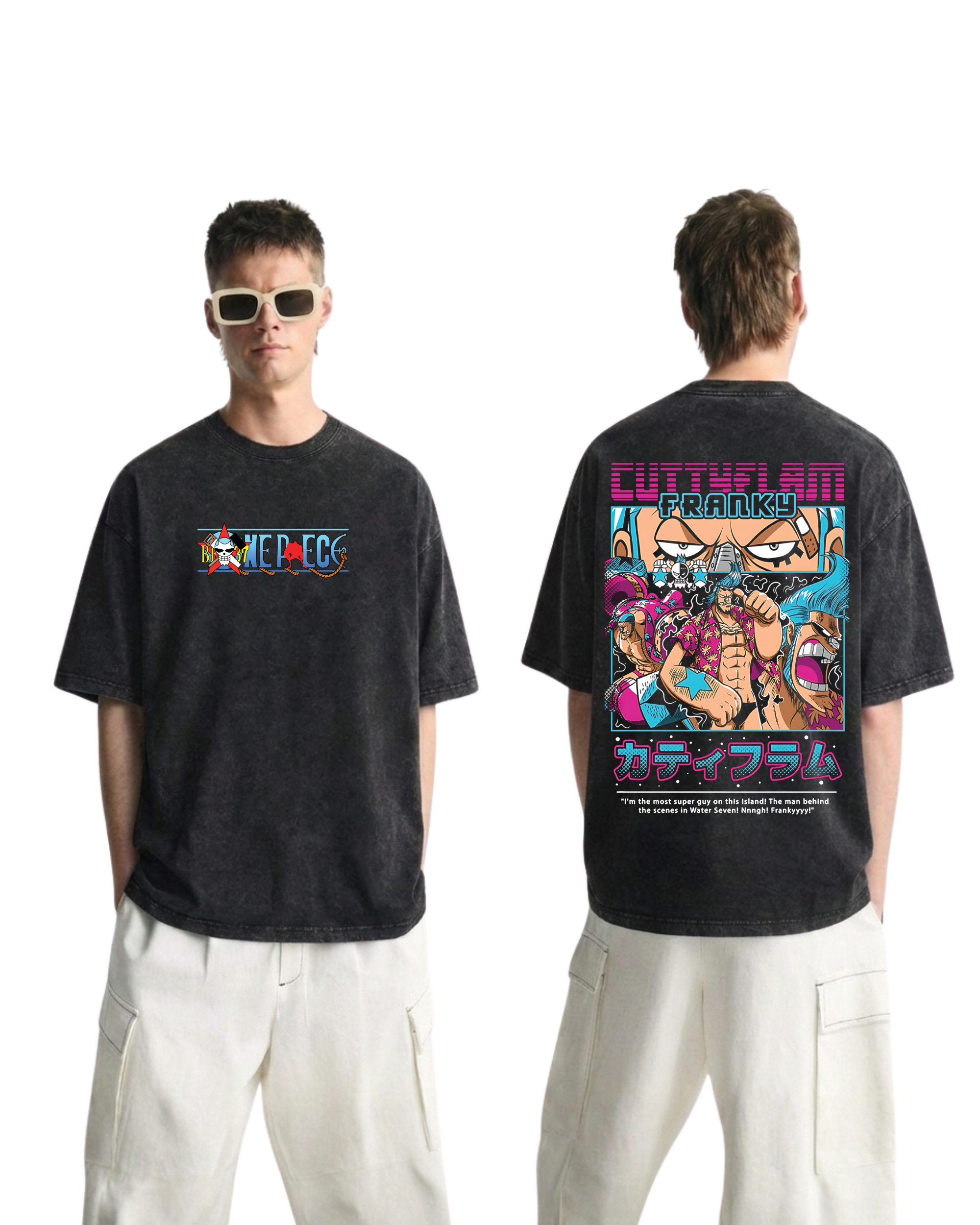 Retro Style Franky Anime One Piece Washed Cotton Graphic Tee