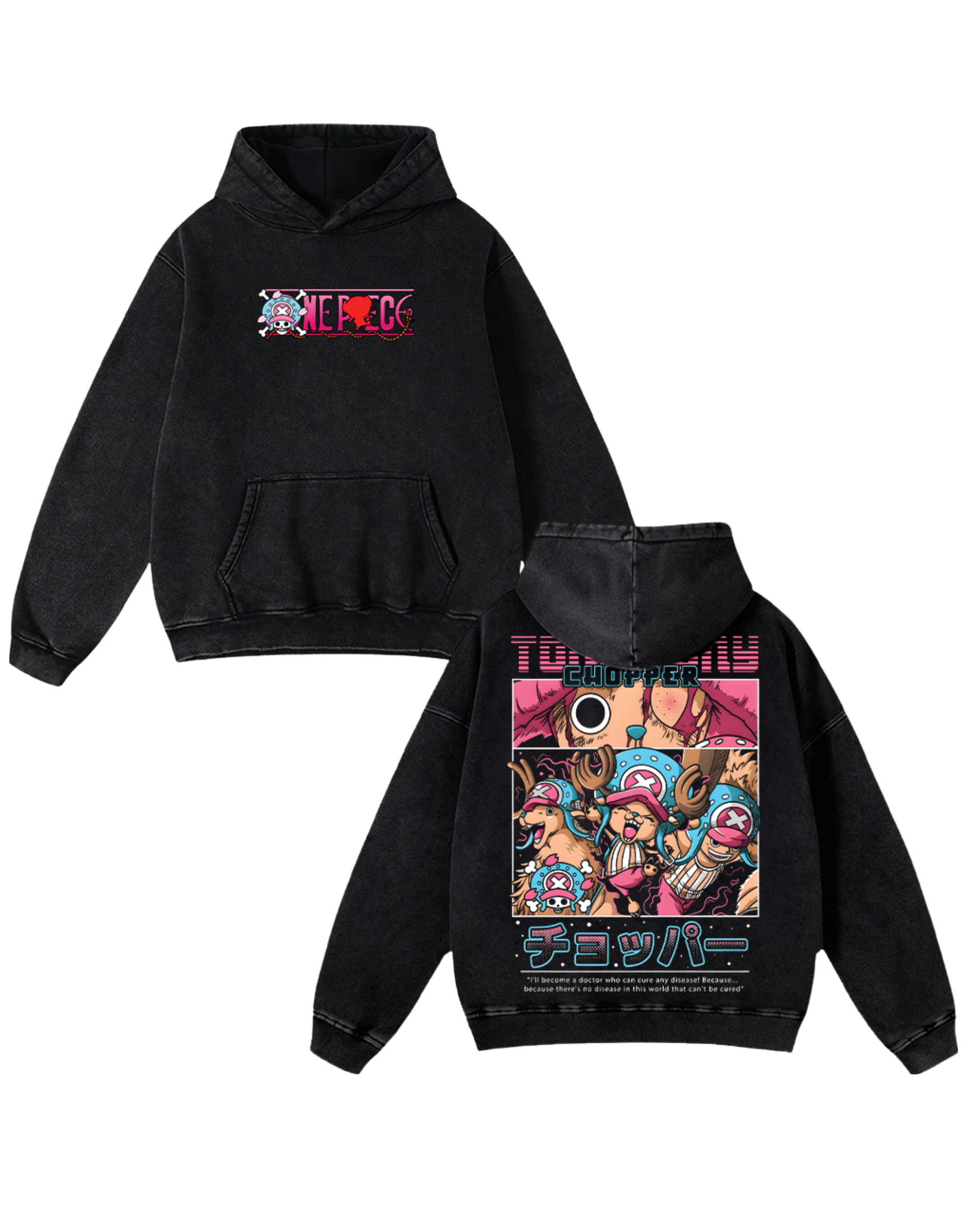 Retro Style Tony Tony Chopper Anime One Piece Washed Hoodie Cotton Graphic