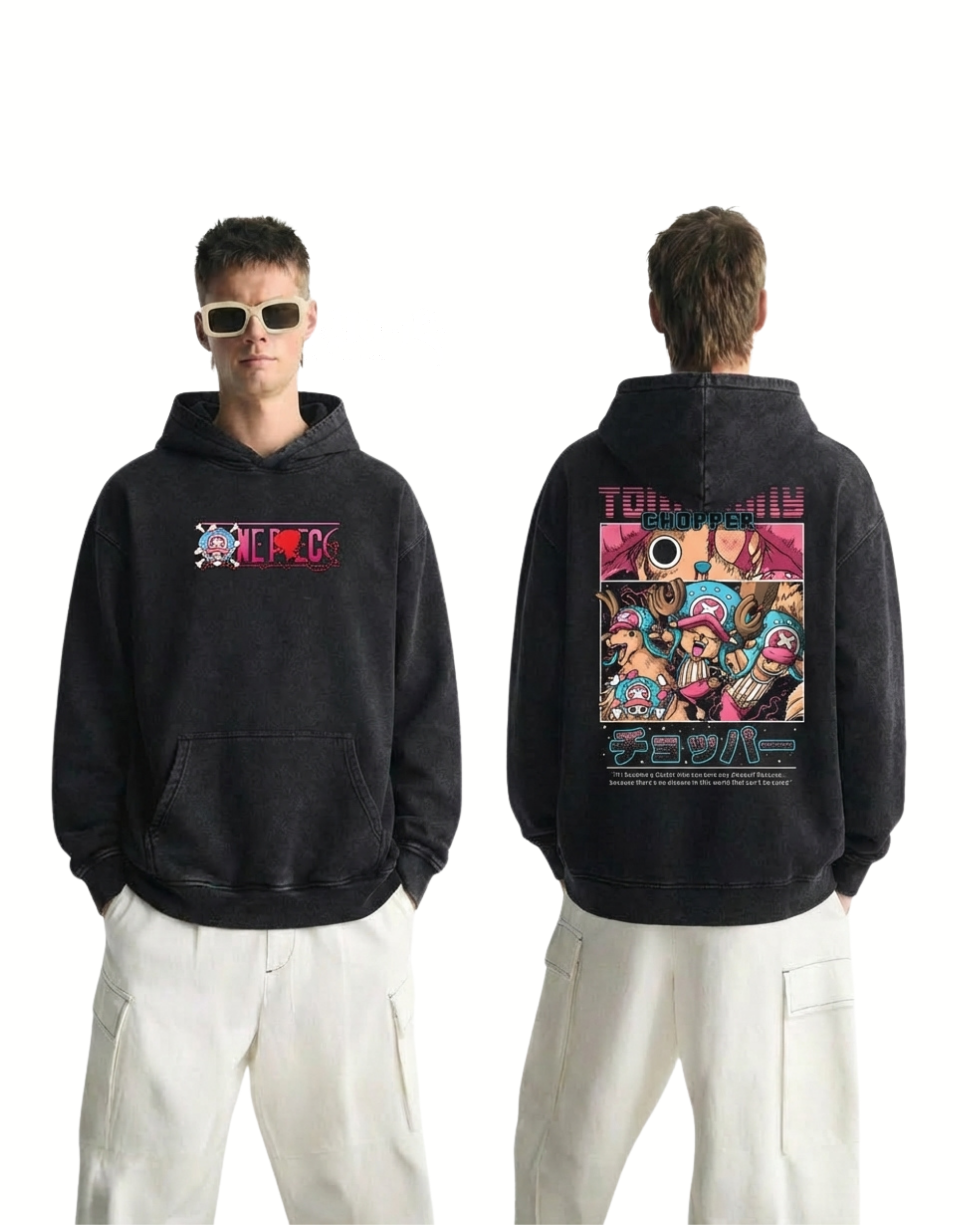 Retro Style Tony Tony Chopper Anime One Piece Washed Hoodie Cotton Graphic