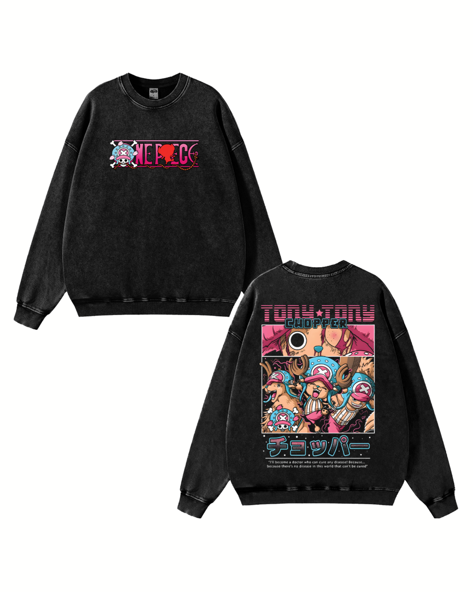 Retro Style Tony Tony Chopper Anime One Piece Washed Sweatshirt Cotton Graphic